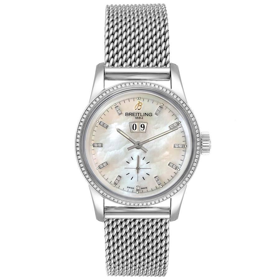 Breitling Transocean Steel MOP Dial Diamond Unisex Watch A16310 Unworn. Automatic self-winding officially certified chronometer movement. Stainless steel case 38 mm in diameter.  Two stylized planes symbols on the case back. Original Breitling