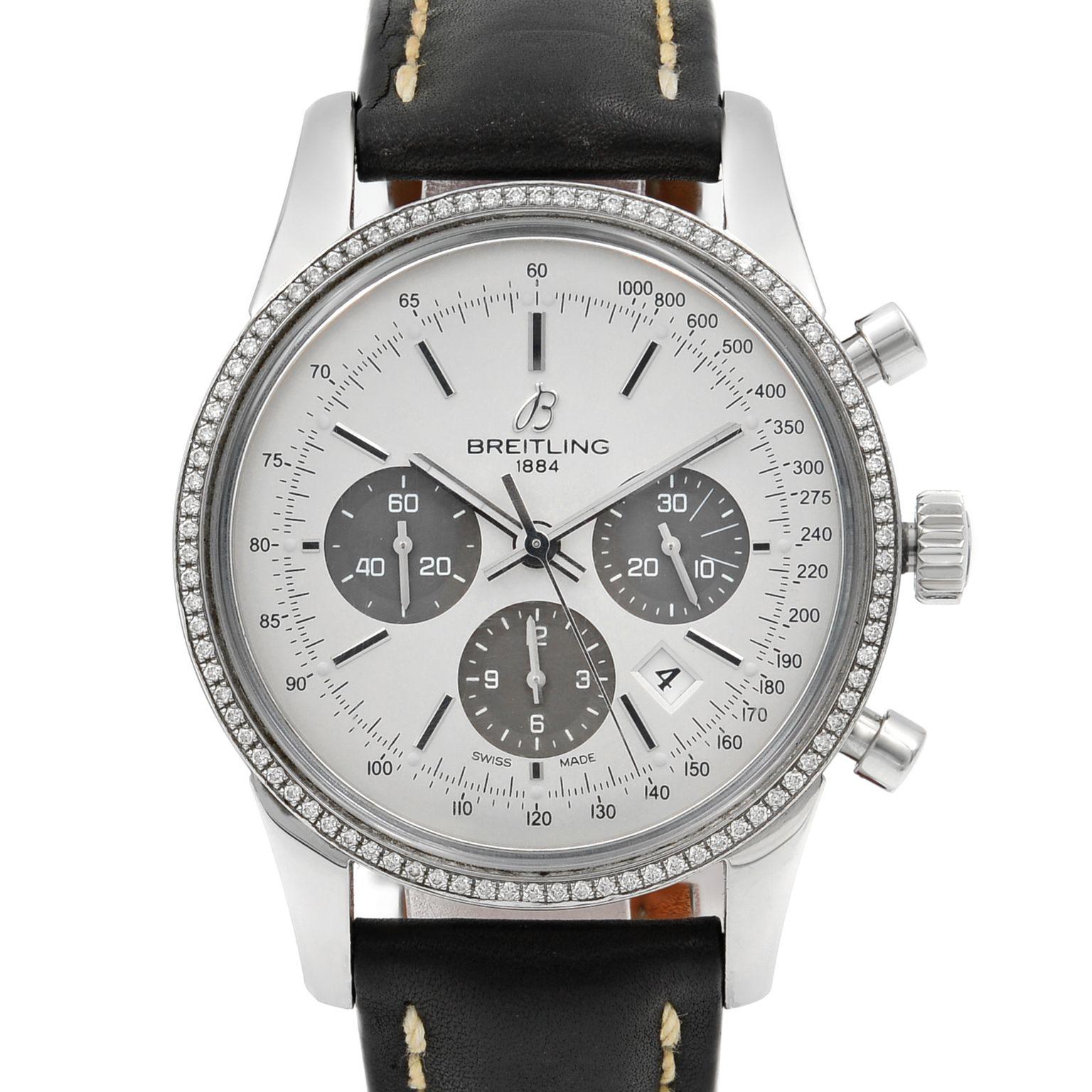This pre-owned Breitling Transocean AB015253/G724 is a beautiful men's timepiece that is powered by a mechanical (automatic) movement which is cased in a stainless steel case. It has a round shape face, chronograph, chronograph hand, diamonds, small