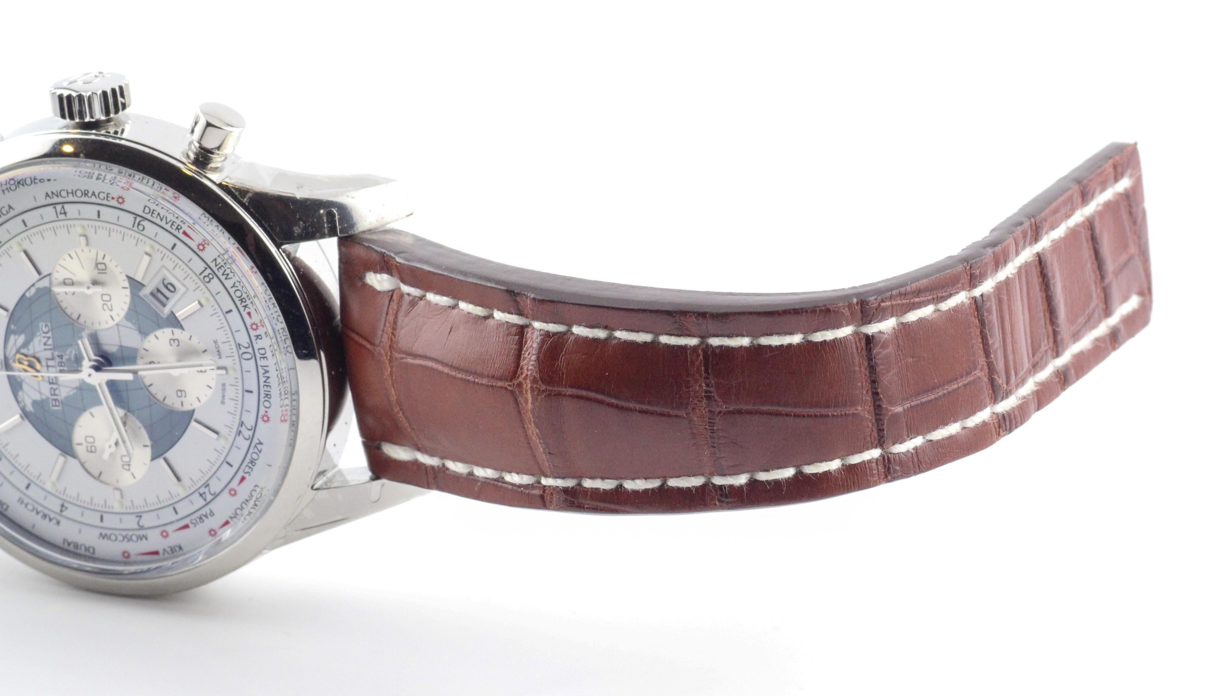 Breitling Transocean Unitime Chronograph World Time Steel Wristwatch 9