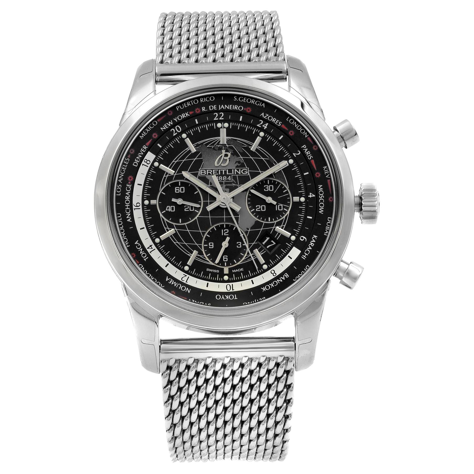 Breitling Transocean Unitime Mesh Band Black Dial Steel Mens Watch AB0510U4/BE84