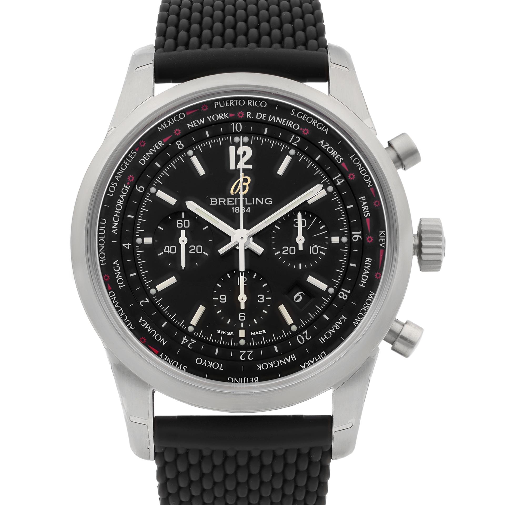This New Without Tags Breitling Transocean AB0510U6BC26267S is a beautiful men's timepiece that is powered by a mechanical (automatic) movement which is cased in a stainless steel case. It has a round shape face, GMT, chronograph, date indicator,