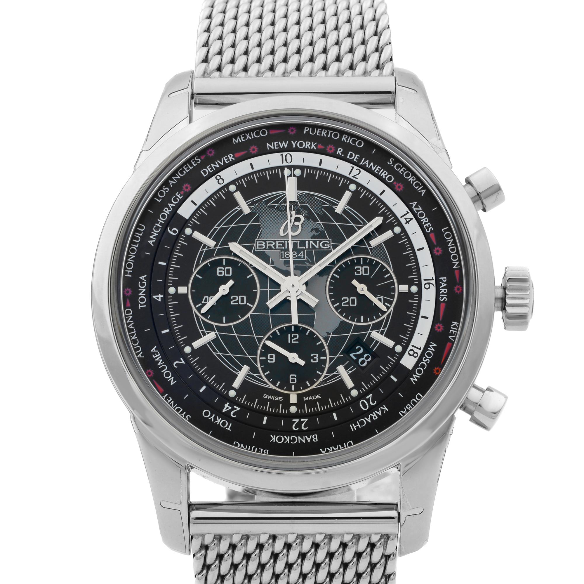 This  never been worn  Breitling Transocean  AB0510U4/BE84-152A is a beautiful men's timepiece that is powered by mechanical (automatic) movement which is cased in a stainless steel case. It has a round shape face, chronograph, date indicator, dual