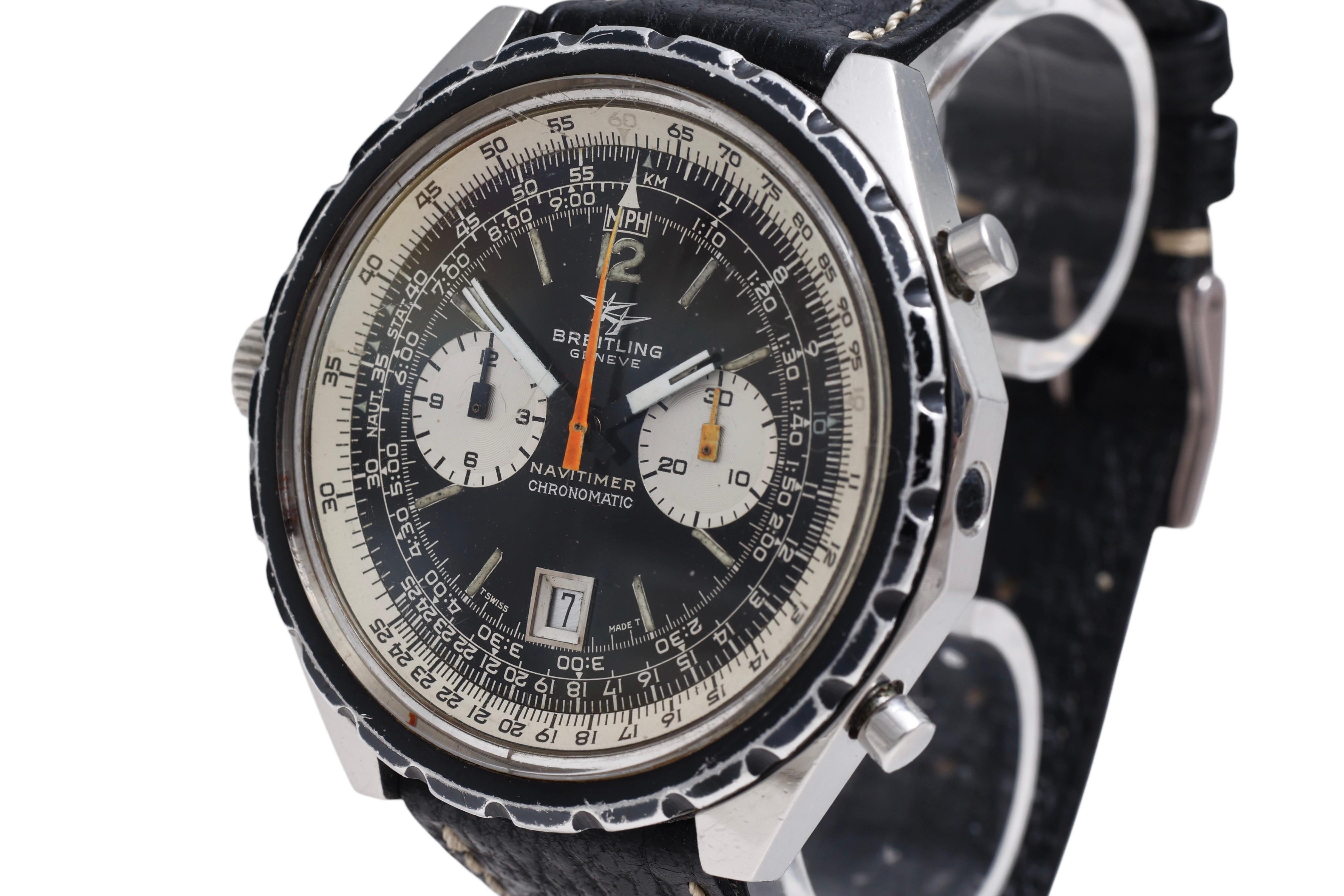 Breitling Vintage Chronograph Pilot Wrist Watch from 1970, Ref 1806
Comes with box and warranty ! From 1970 s

A rare collectors piece !

Movement: Automatic, chronograph & date

Max length: 20cm
Total weight: 95.0 gram
Diameter of head: 48 mm

With