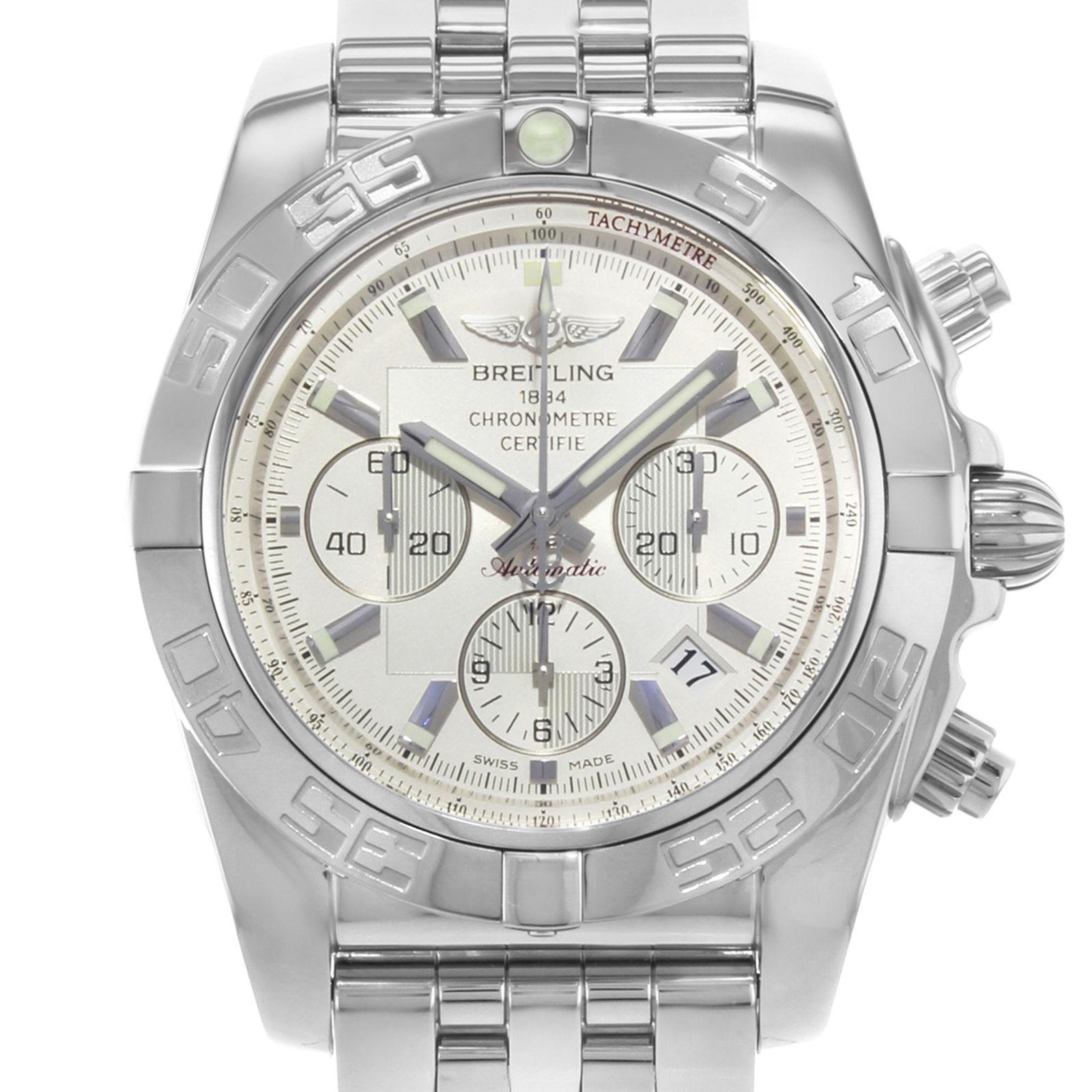 This display model Breitling Chronomat AB011012/G684-375A is a beautiful men's timepiece that is powered by an automatic movement which is cased in a stainless steel case. It has a round shape face, chronograph, date, small seconds subdial dial, and