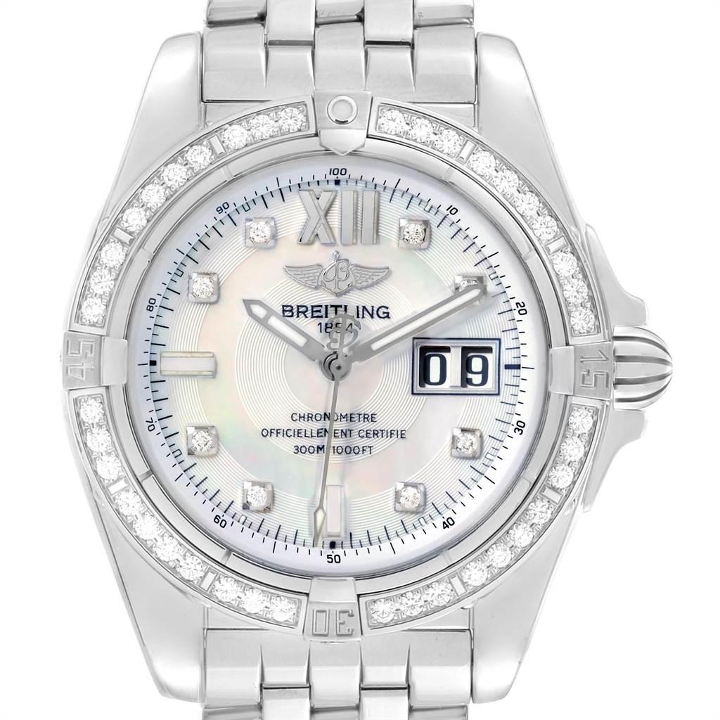 Breitling Windrider Cockpit 41 Stahl Perlmutt Diamant Uhr A49350. Automatisches, offiziell zertifiziertes Chronometerwerk mit Selbstaufzug. Gehäuse aus Edelstahl mit einem Durchmesser von 41,0 mm. Verschraubte Stahlkrone. Original Breitling Fabrik
