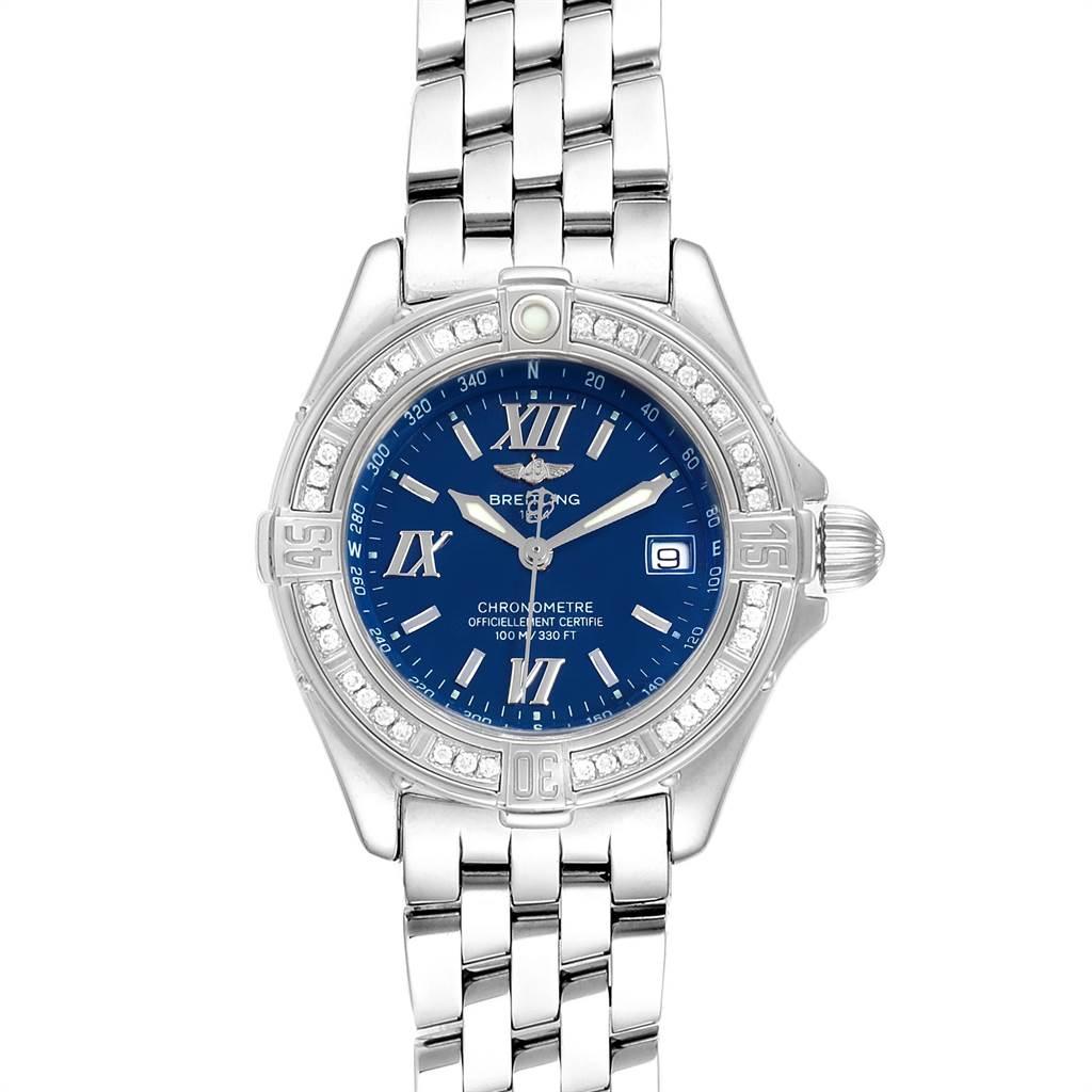 Breitling Windrider Cockpit Blue Dial Diamond Ladies Watch A67365. Quartz movement. Stainless steel case 30.0 mm in diameter. Unidirectional rotating original Breitling factory diamond bezel. Four 15 minute markers. Scratch resistant sapphire