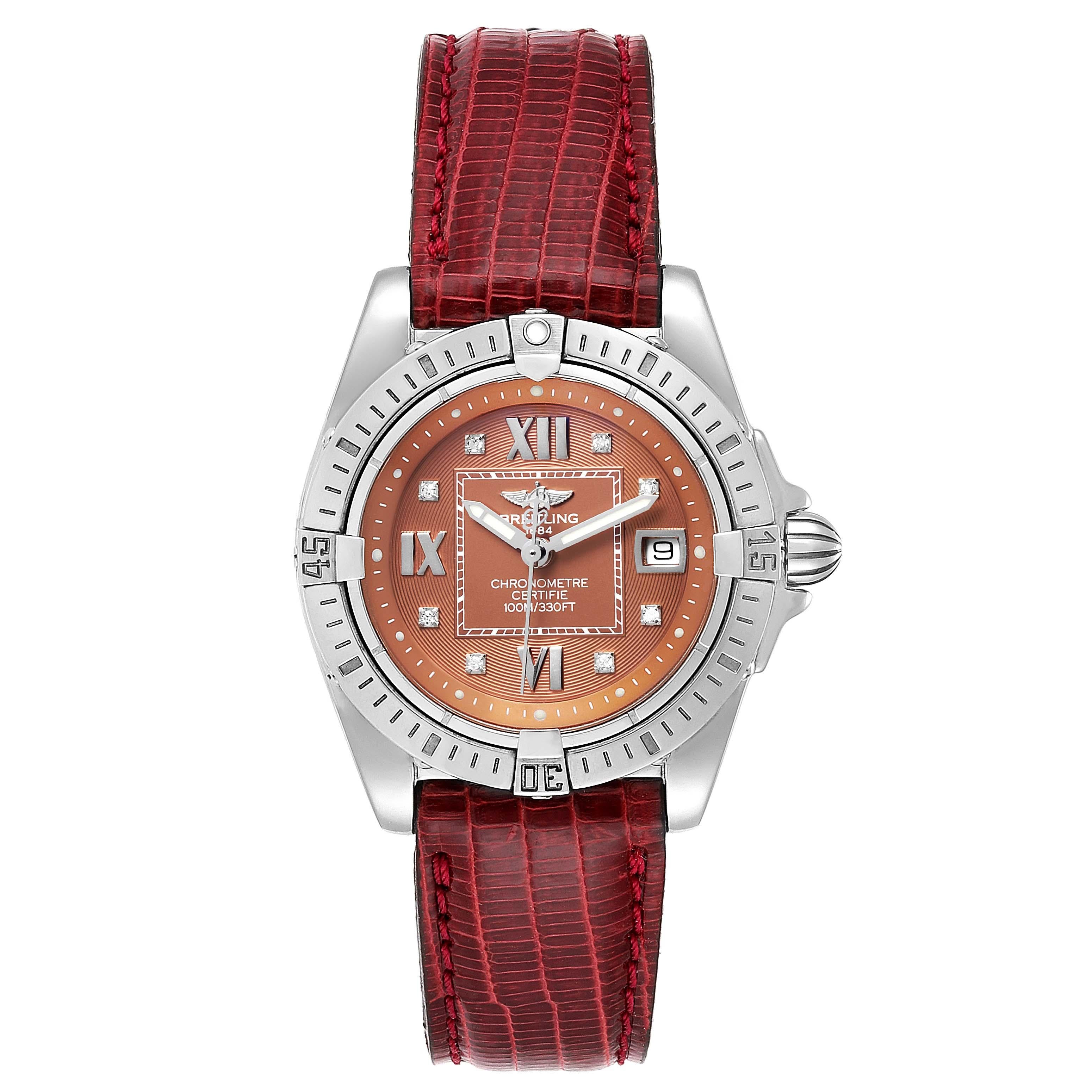Breitling Windrider Cockpit Diamond Dial Ladies Watch A71356 Box Papers. Quartz movement. Stainless steel case 31.8 mm in diameter. Stainless steel unidirectional rotating. Four 15 minute markers. Scratch resistant sapphire crystal. Bronze dial with