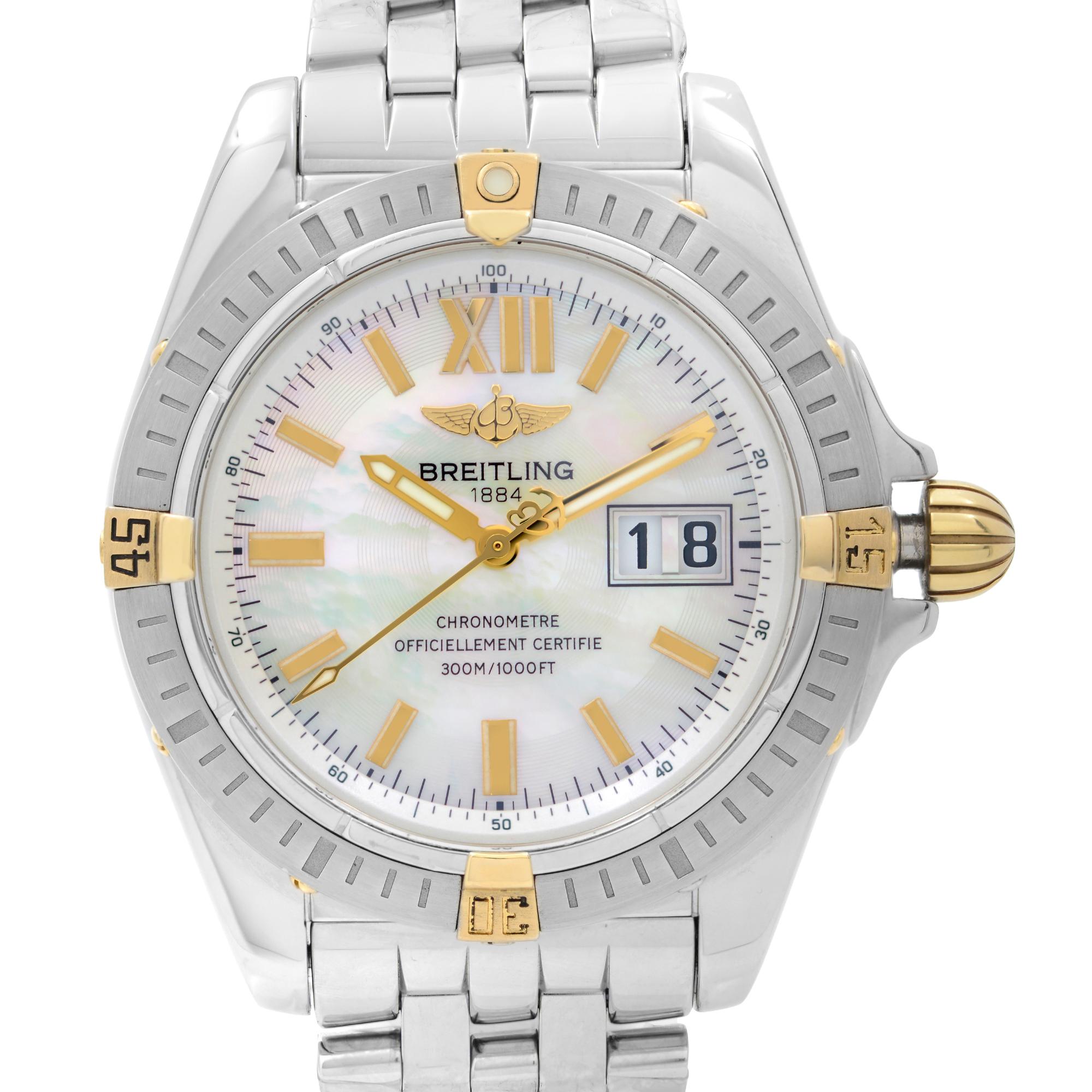 Pre-owned Breitling Windrider Cockpit Stainless Steel MOP Dial Automatic Men's Watch B49350. 18k Gold bezel Riders. This Beautiful Timepiece Features: Stainless Steel Case and Bracelet, Rotating Stainless Steel Bezel, Mother-of-Pearl Dial with