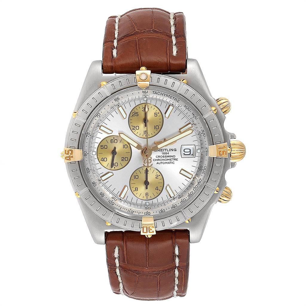 Breitling Windrider Cockpit Steel Yellow Gold Mens Watch B13355. Automatic self-winding chonograph movement. Stainless steel and 18K yellow gold case 43.0 mm in diameter. Stainless steel unidirectional rotating bezel. Four 18K yellow gold 15 minute