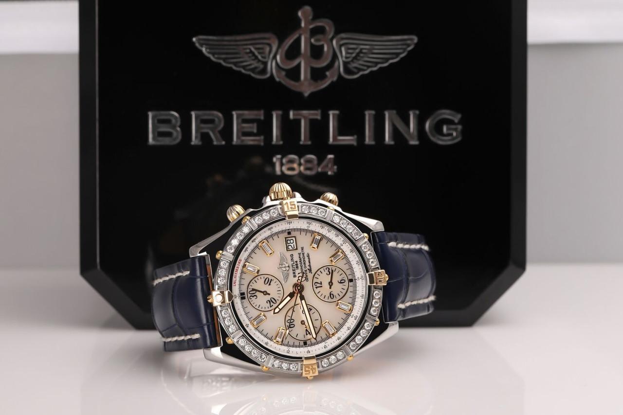 Breitling Windrider Crosswind Chronograph White MOP Diamond Dial B13355 In Excellent Condition For Sale In New York, NY