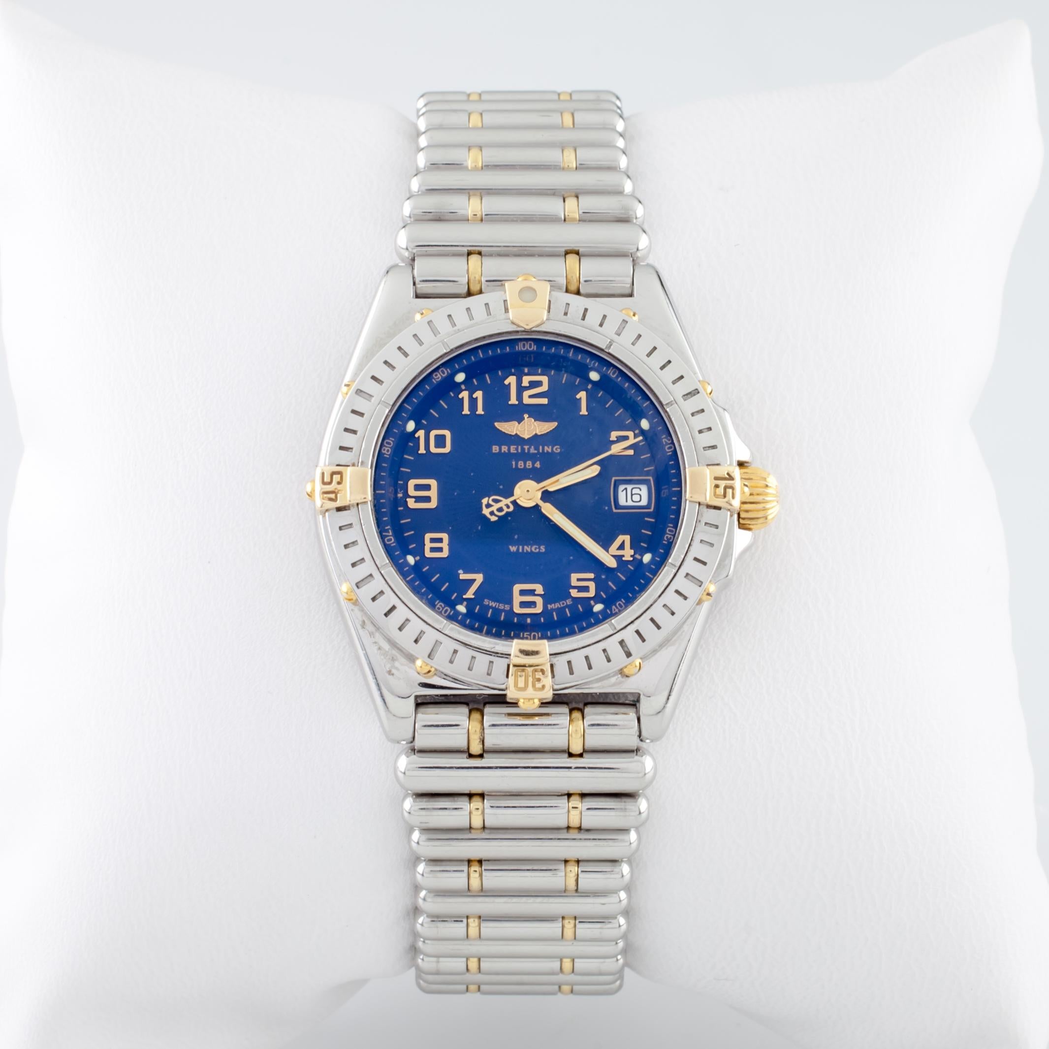 Breitling Women's Two Tone SS 18k Gold Wings Quartz Watch B67350
Model: Wings
Model #B67350
Serial #148904
Calibre B67
Stainless Steel Case w/ SS & 18k Yellow Gold Rotating Bezel
30 mm in Diameter (33 mm w/ Crown)
Lug-to-Lug Distance = 35