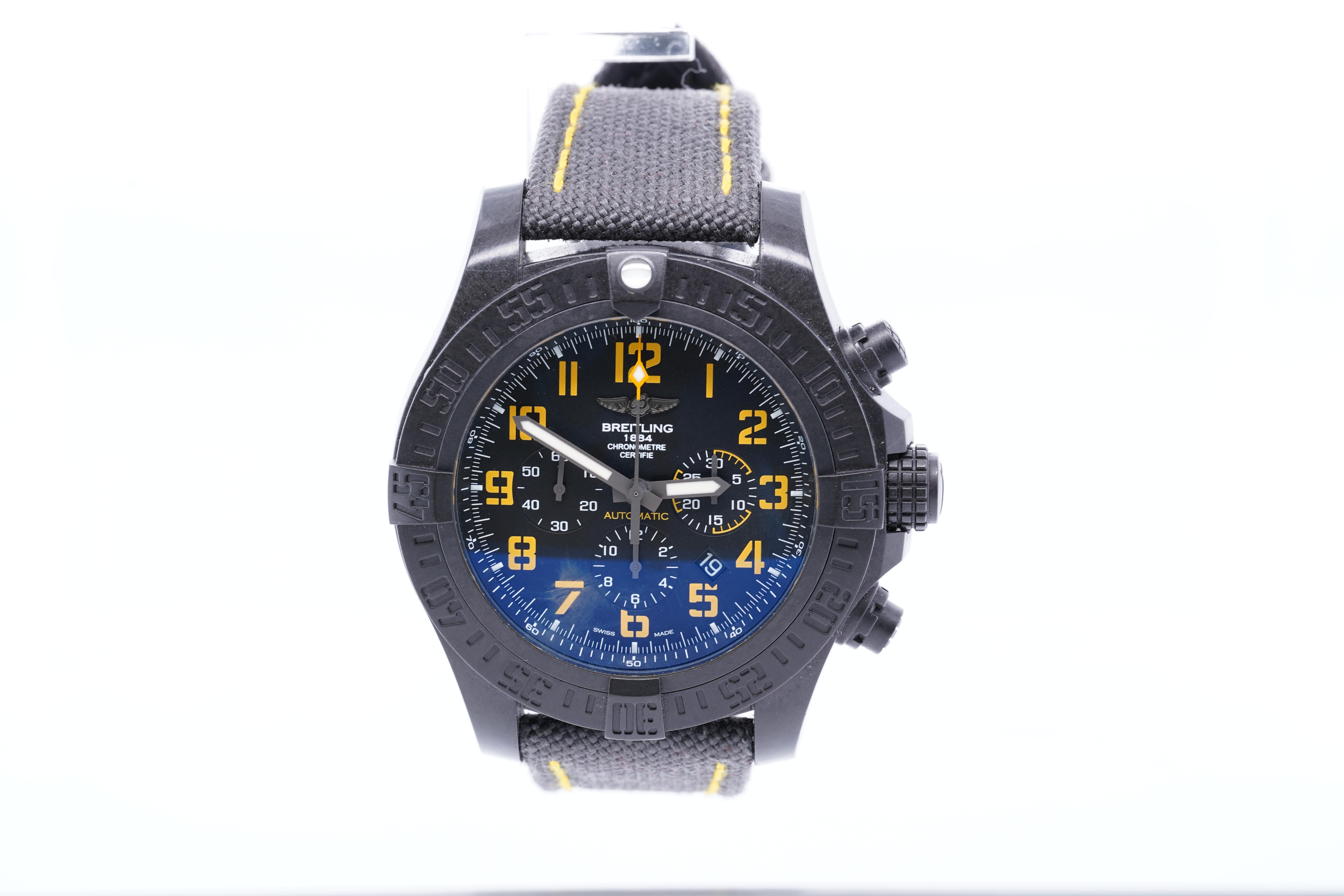Breitling Avenger Hurricane Limited Addition 50mm Breitlight Mens Watch XB0170 with Original Box
Breitling X80170 Avenger Limited Edition 30/250 100M, 2019, 50mm
Pre-owned
Free shipping anywhere in the US
Dial: Black with yellow numerals
Case Size: