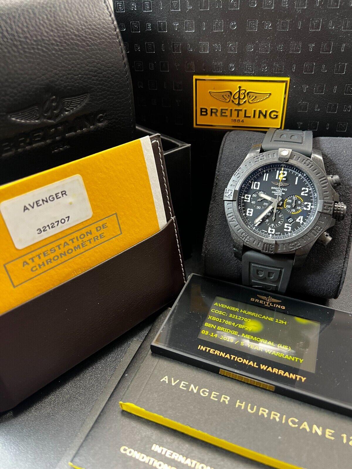 Style Number: XB0170

Year: 2019
 
Model: Avenger Hurricane
 
Case Material: Black Polymer 

Band: Black Rubber
 
Bezel:  Black Polymer 
 
Dial: Black
 
Face: Sapphire Crystal 
 
Case Size: 50mm 
 
Includes: 
-Breitling Box & Paper
-Certified
