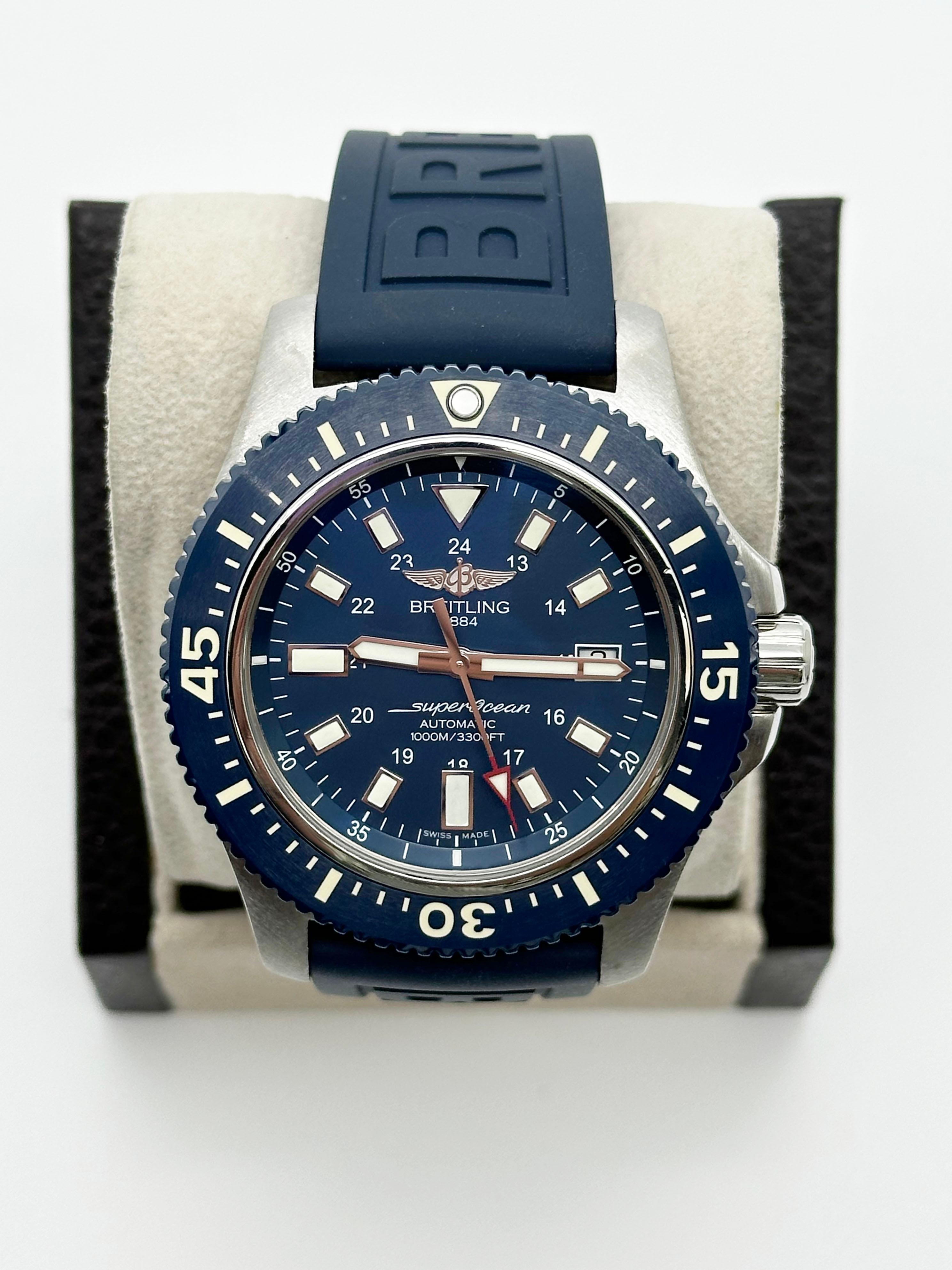 Style Number: Y17393



Year: 2017

 

Model: Superocean 

 

Case Material: Stainless Steel

 

Band: Blue Rubber

 

Bezel: Blue

 

Dial: Blue

 

Face: Sapphire Crystal 

 

Case Size: 44mm

 

Includes: 

-Elegant Watch Box 

-Certified