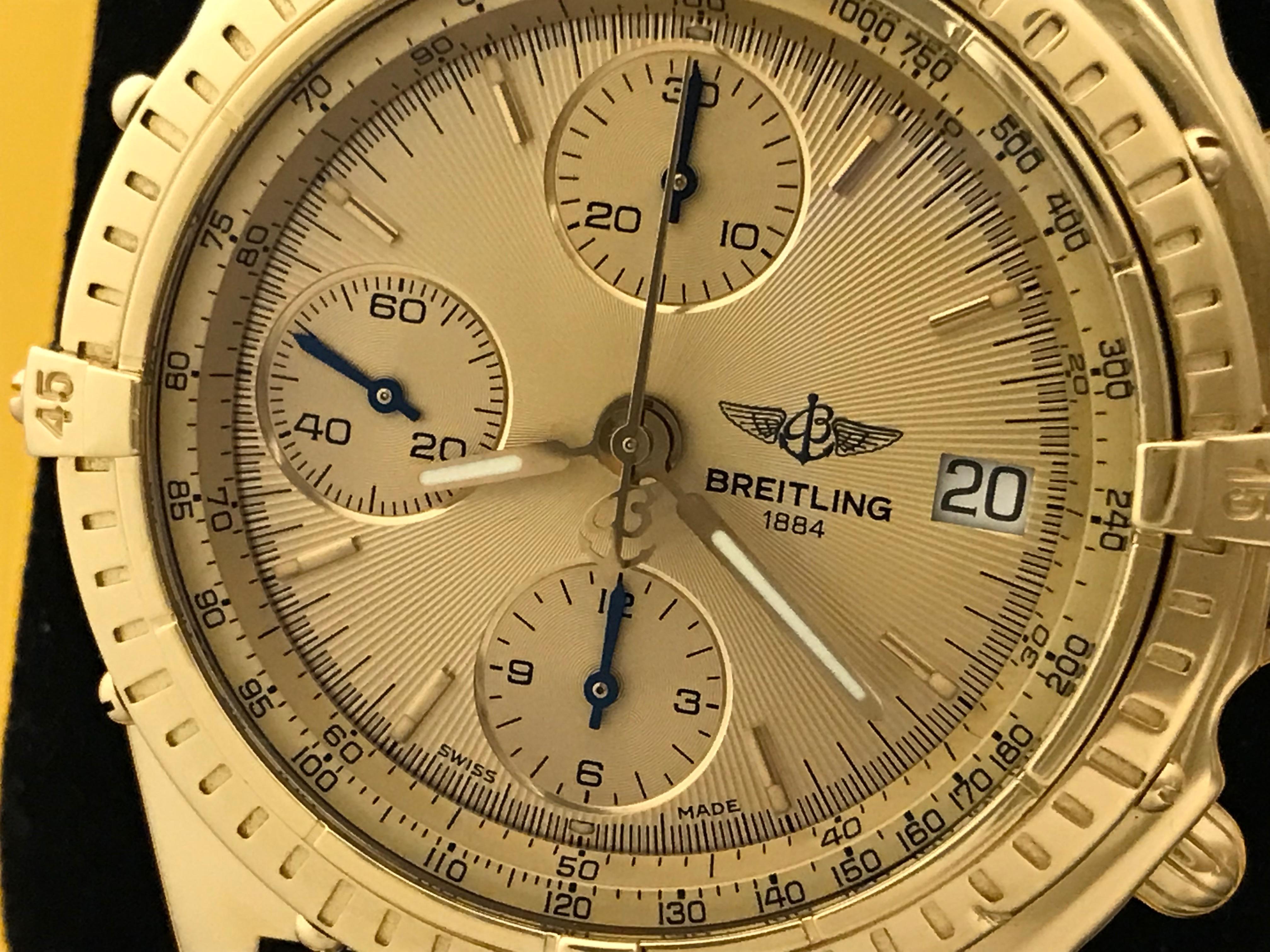 Mens Breitling 18k yellow gold automatic Chronomat Model K13047X. Certified Pre-Owned and ready to ship.  Automatic Winding Movement. Gold dial with yellow gold hour markers. 18k Yellow Gold case (40mm dia.). Dark Brown alligator strap features an