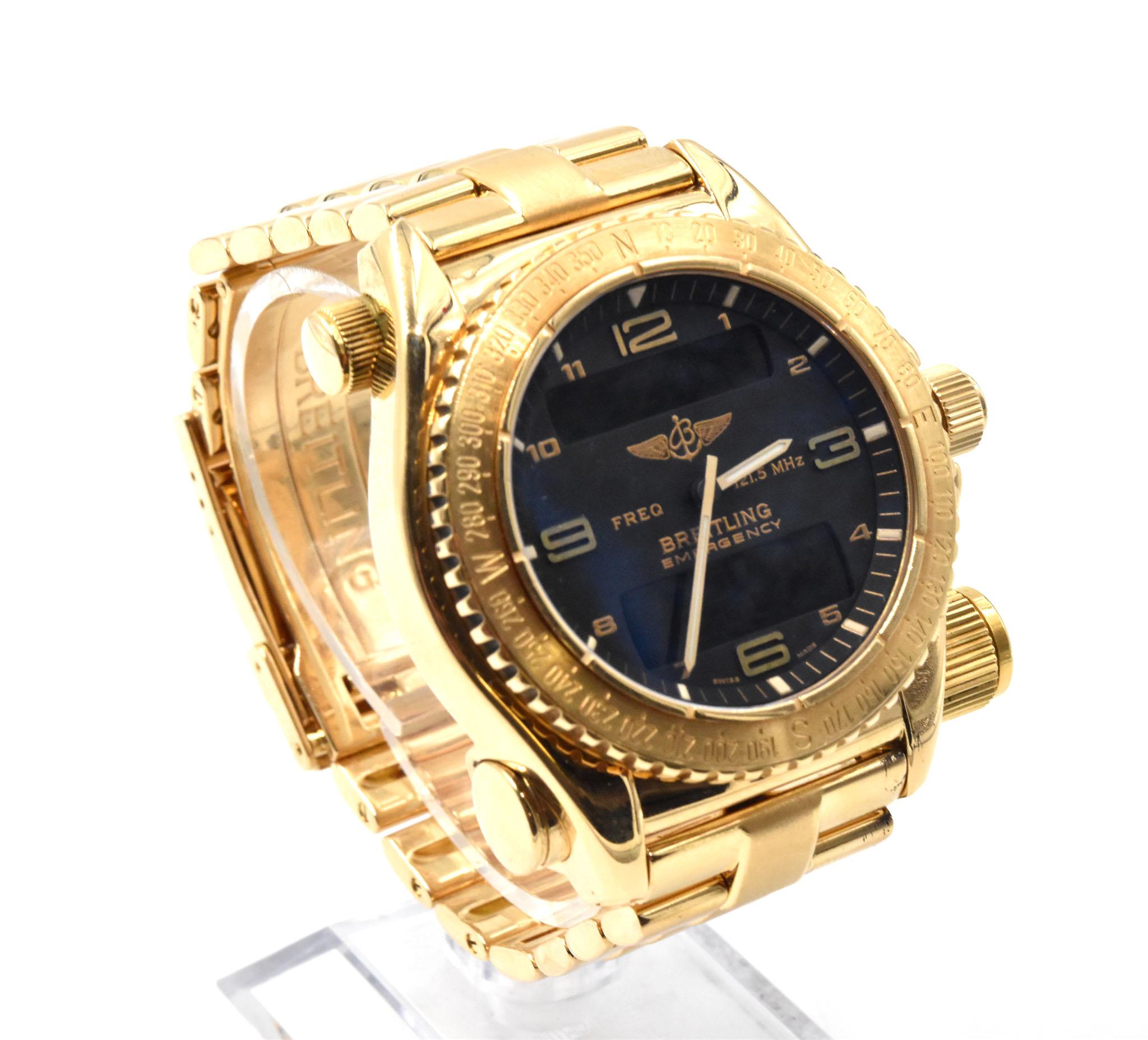 Movement: quartz 
Function: hours, minutes, seconds, LED interface functions
Case: 18k yellow gold 43mm case sapphire crystal, graduated bi-directional bezel, micro antennas between the lugs, case back with four screws and test button for the