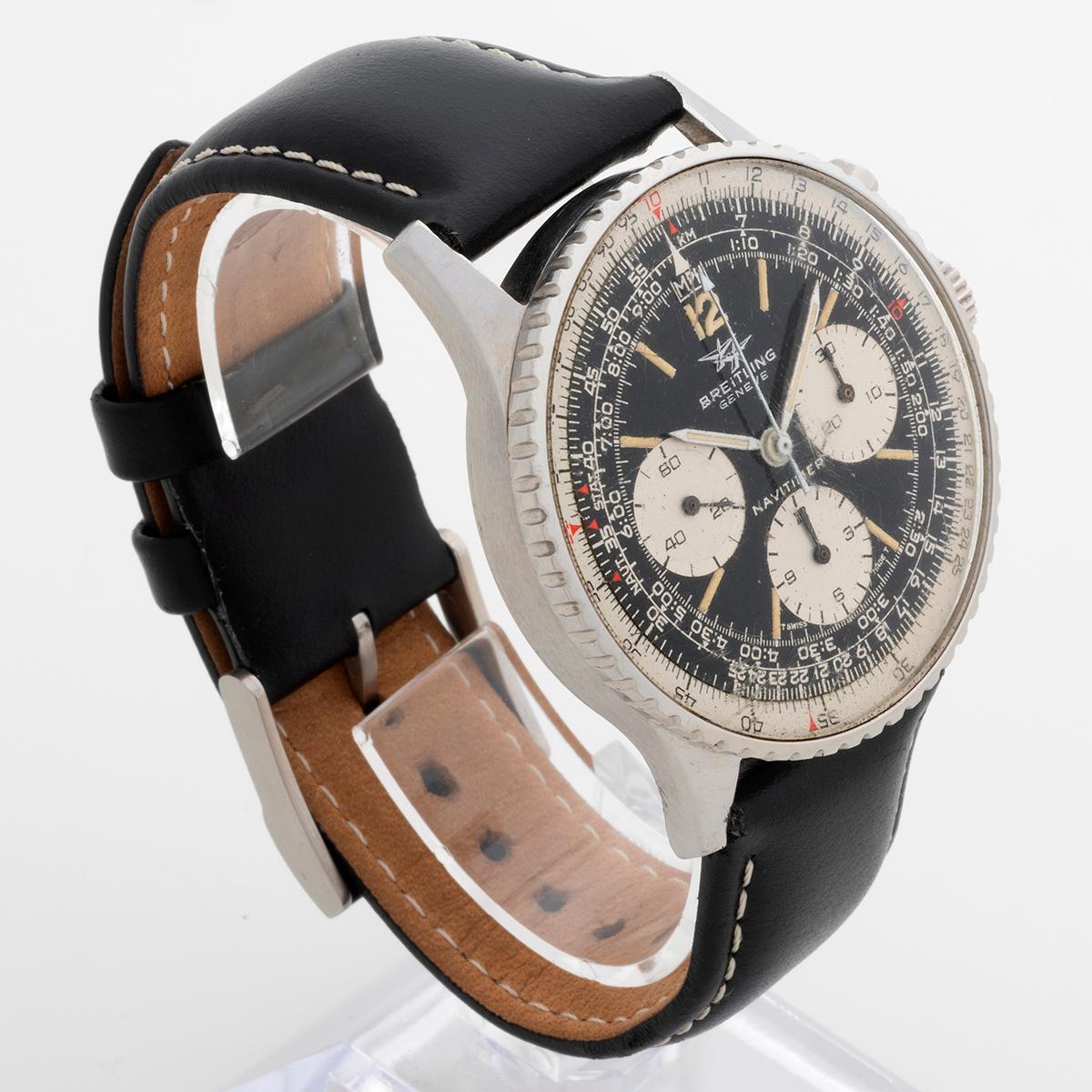 Our vintage Breitling Navitimer, reference 806, features a 41mm stainless steel case and a manually wound Venus 178 movement. An early Navitimer, this example has a wonderful dial and bezel insert, the twin planes dial has coeval tritium indices and