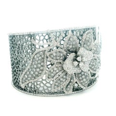 Brellini 10 Carat Diamond Floral Cuff Bracelet in 18K White Gold, Italian