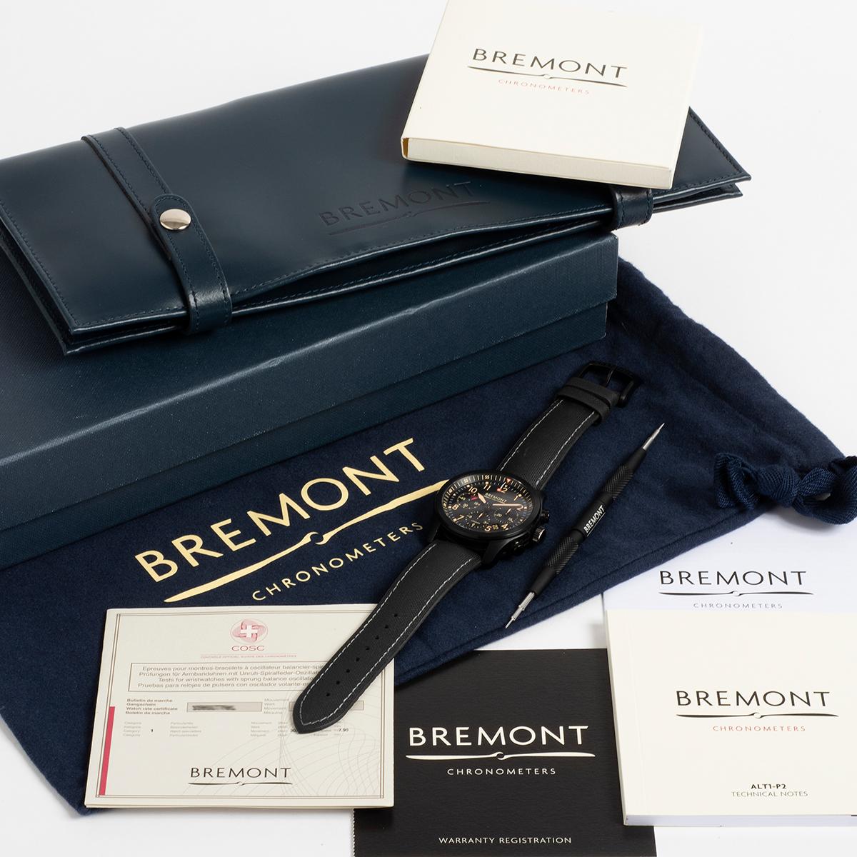 Our Bremont ALT1-P2 Jet chronograph with date features a 43mm stainless steel DLC blackened case and is fitted with a Bremont rubber/textile strap with steel/ DLC tang buckle. Presented in outstanding condition with only light signs of use from new,