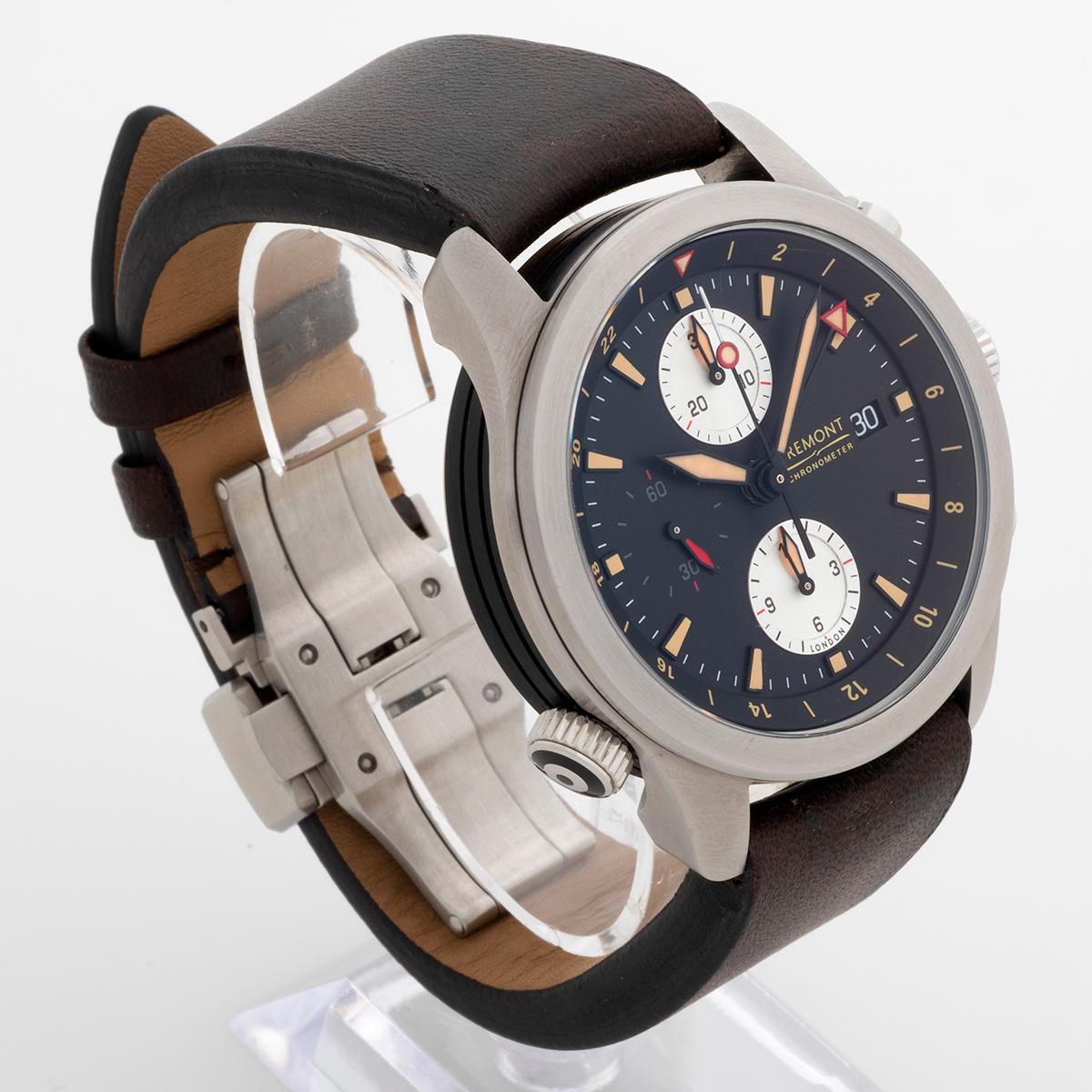 Our Bremont Pilot chronograph, with GMT function and highly legible dial, features a 43mm brushed steel case with DLC case barrel, fitted to its original brown Bremont Strap with deployant folding clasp. Presented in outstanding condition with only