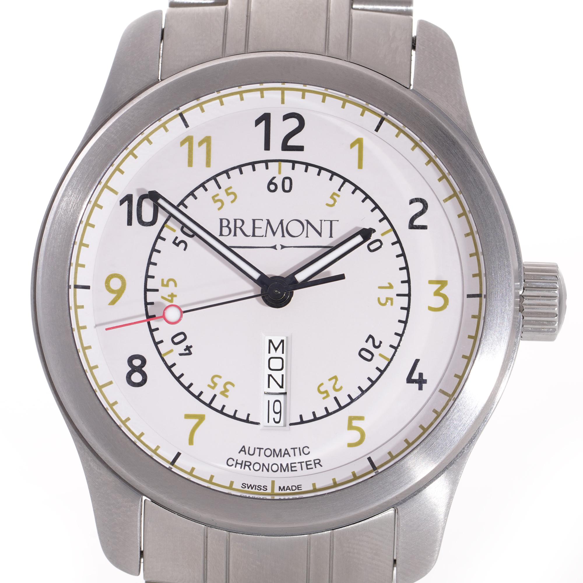 Bremont Stainless Steel Day Date Chronometer,	BC-S2 men's wristwatch. 

Gender: Men
Case Size: 43 mm
Movement: Automatic Chronometer 
Watchband Material: Stainless Steel 
Case material: Steel
Dial colour: White 
Hands: black/red luminous