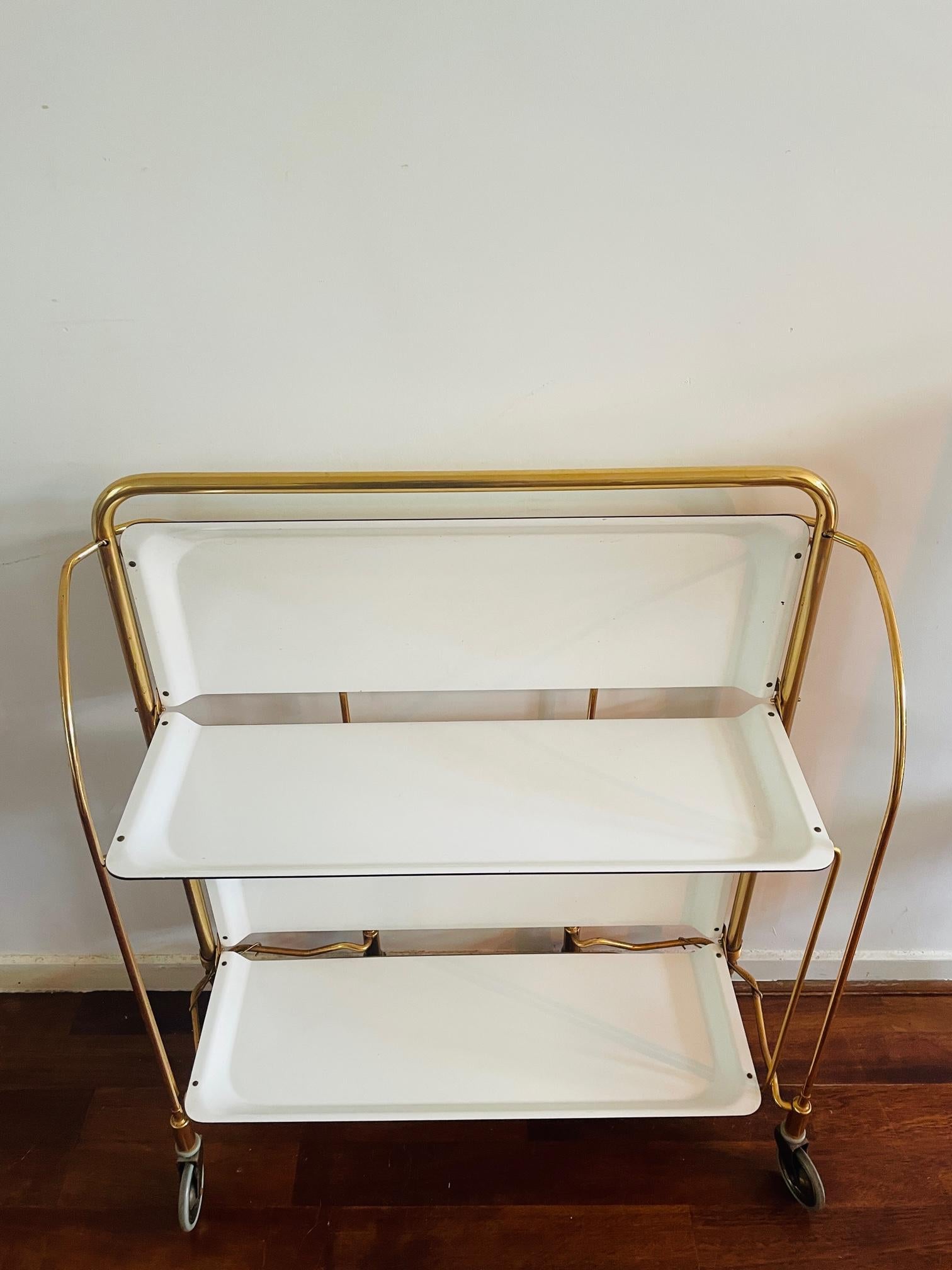 German Bremshey Dinett Gold  Foldable Bar Cart  Side Table Brass white  Original