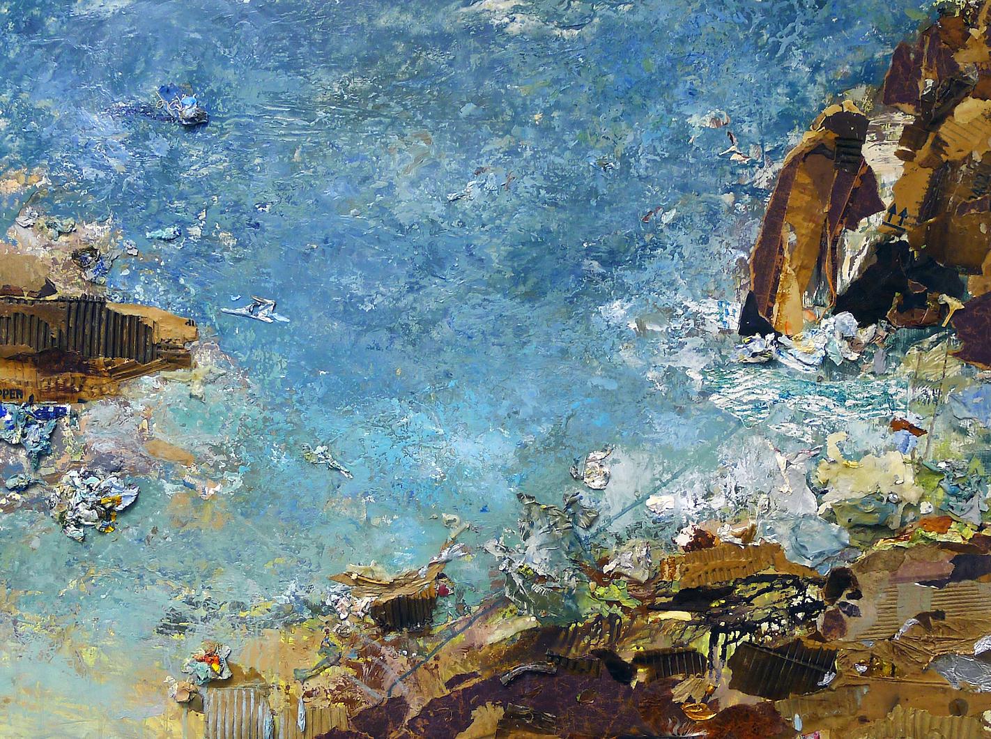 "Water View", acrylic, mixed media, painting, waterscape, rock cliffs, ocean - Mixed Media Art by Brenda Cirioni