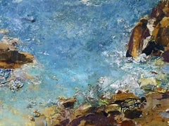 "Water View", acrylic, mixed media, painting, waterscape, rock cliffs, ocean