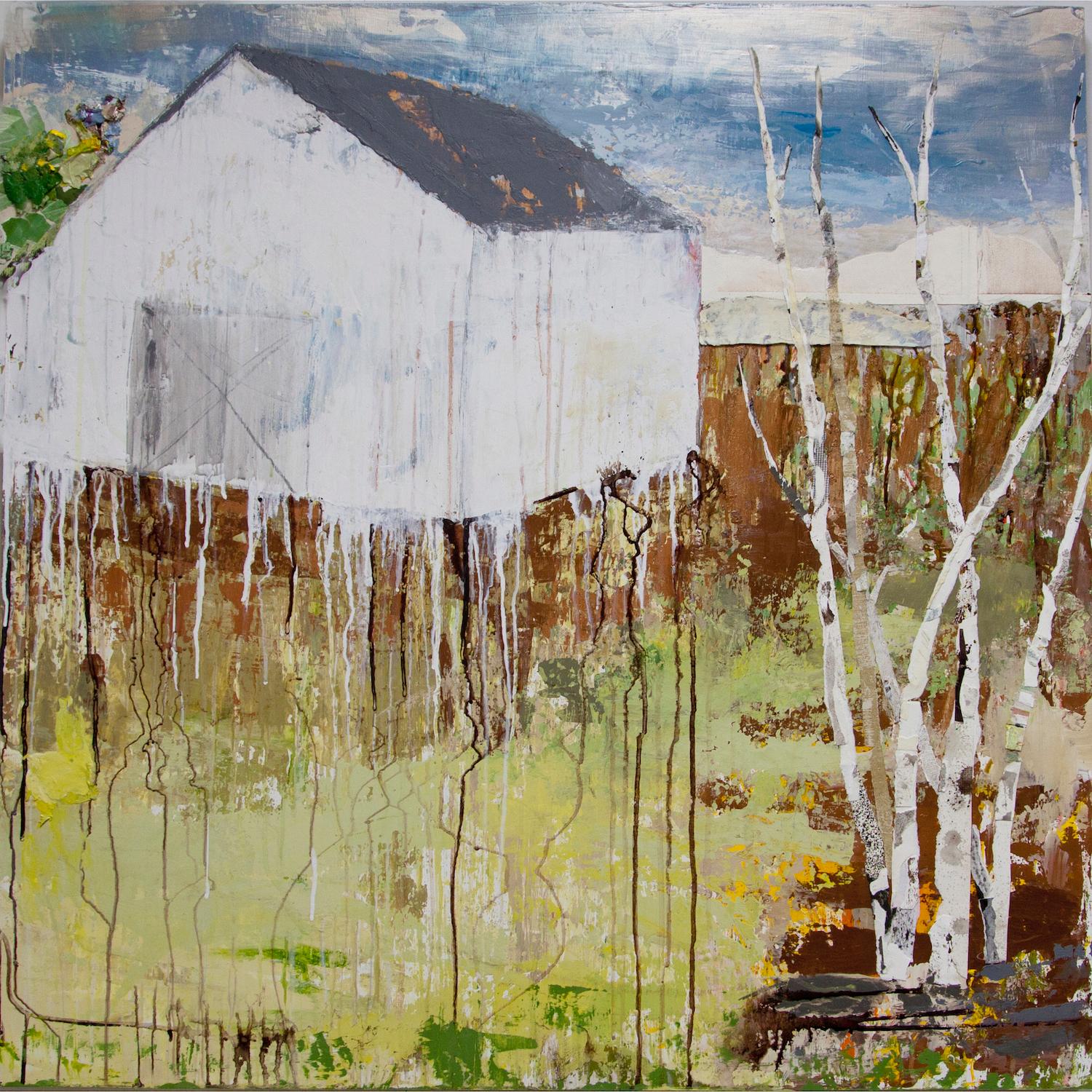 Brenda Cirioni’s mixed media painting “White Hill” is from “Barn Series” and depicts a white barn and birch trees in a contemporary landscape. “White Hill” is 36 x 36 x 1.75 on birch panel. The earth tone palette consists of copper, green, white,