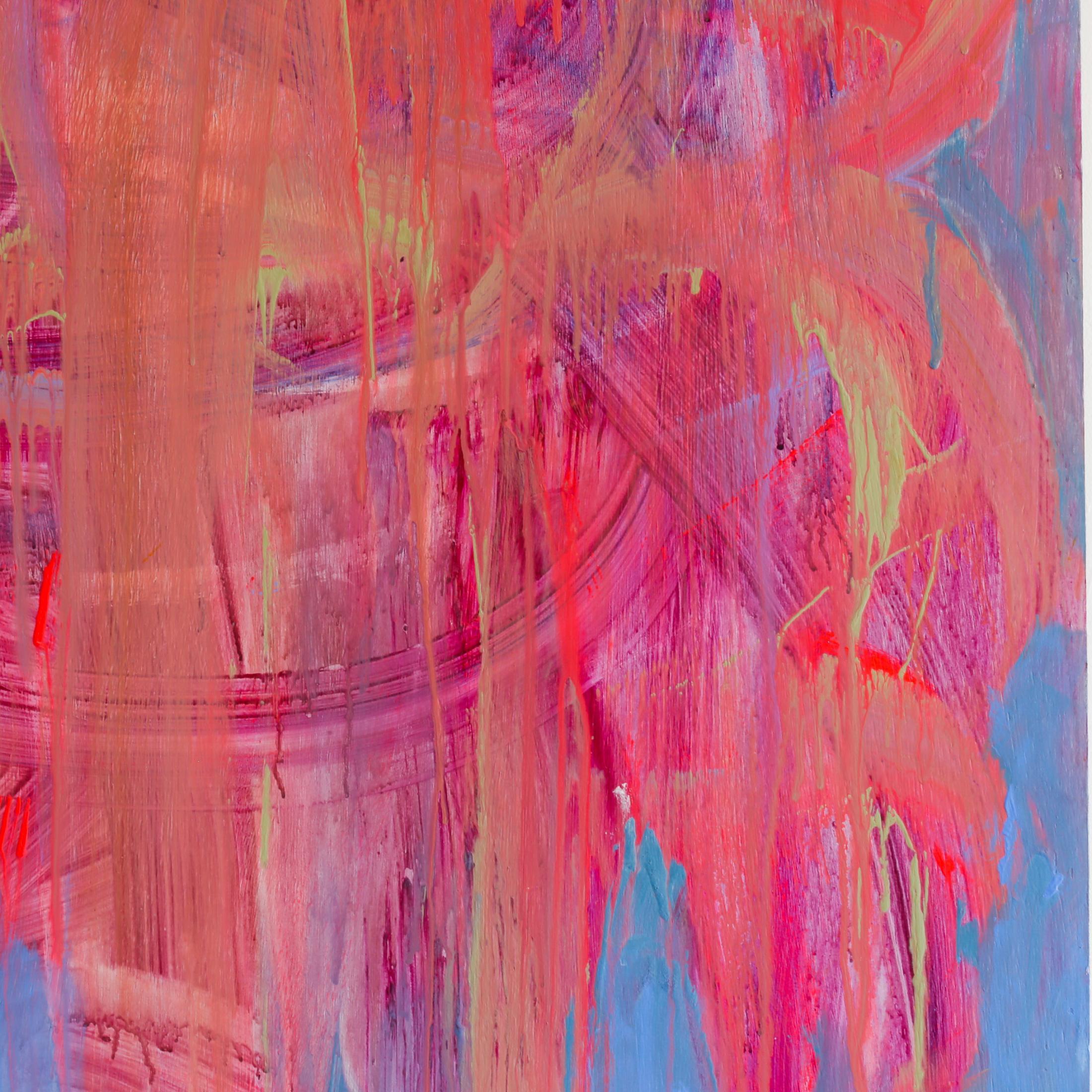 Yum II de l'artiste Brenda Zappitell est une œuvre abstraite contemporaine rose et ingigo clair faite de flashe et d'acrylique avec de la cire froide sur panneau 50 x 50. Son prix est de 14 000 $.

Brenda Zappitell crée des oeuvres expressionnistes