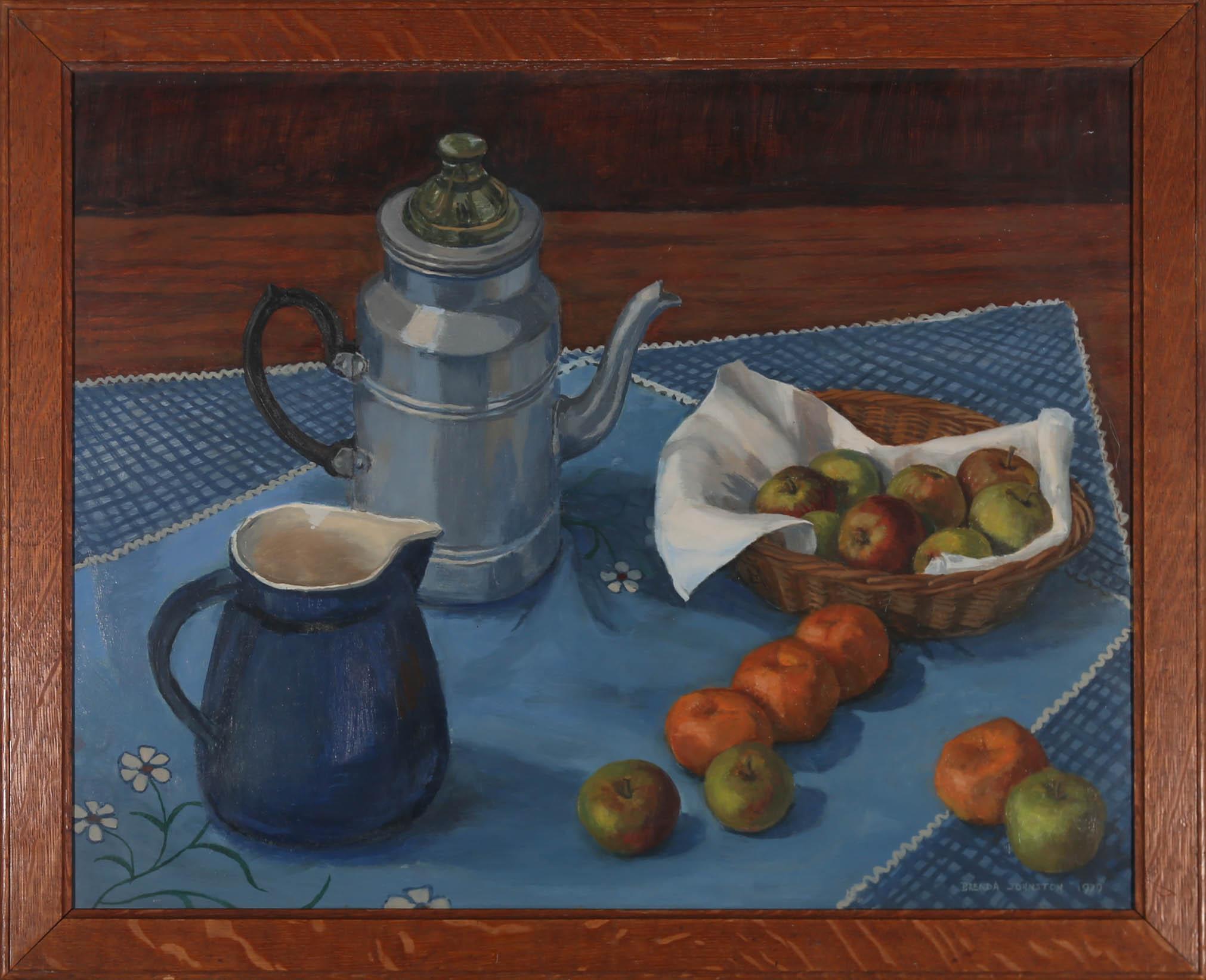 A truly wonderful still life study by the British artist Brenda Johnston. Here she's captured a quaint little set-up with a blue ceramic milk jug, tin kettle and fruit bowl. The embroidered tablecloth is expertly painted with delightful areas of