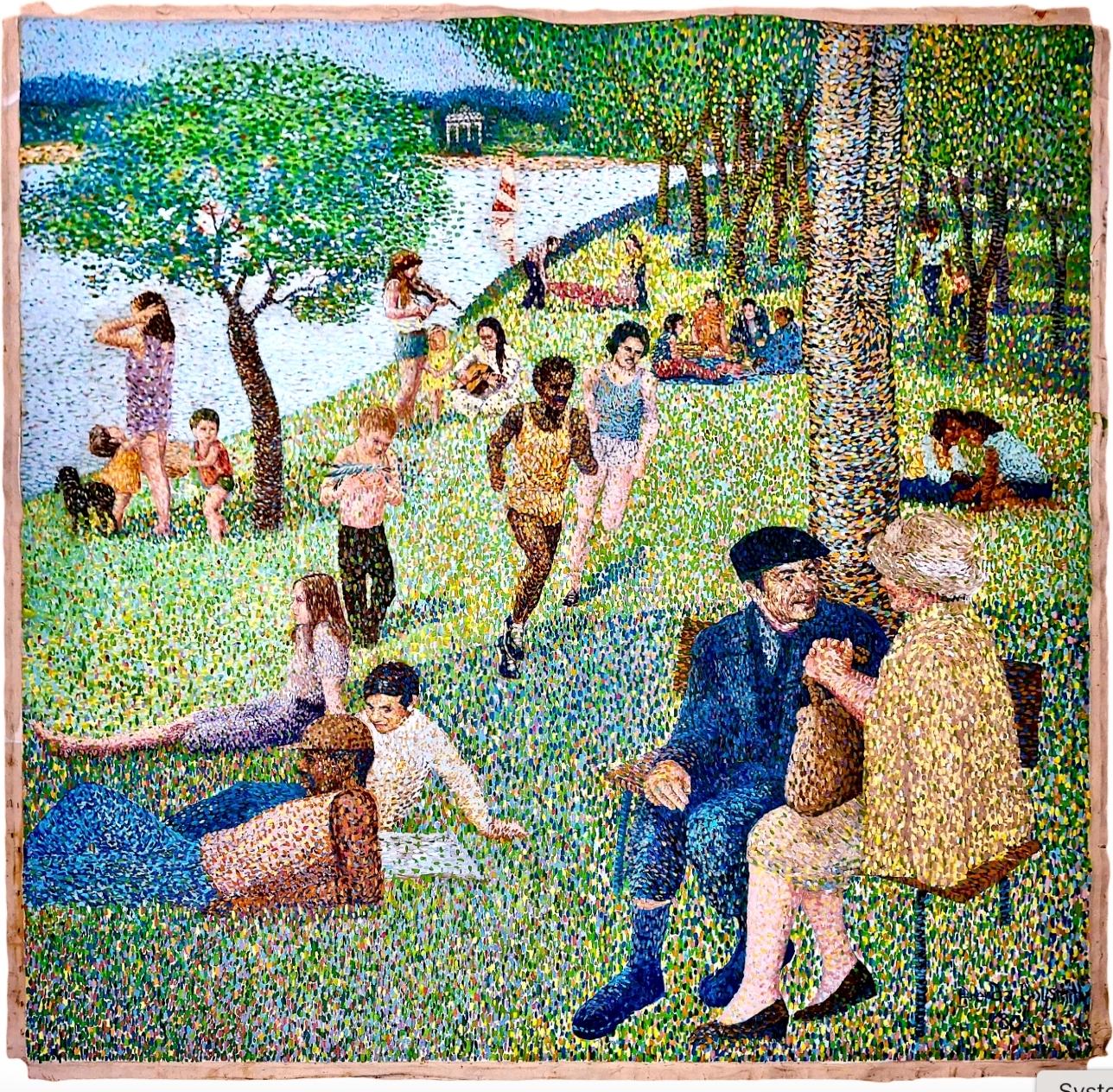 Brenda Joysmith Figurative Painting - A Figurative Pointillist Painting after Georges Seurat’s “Sunday Afternoon…”