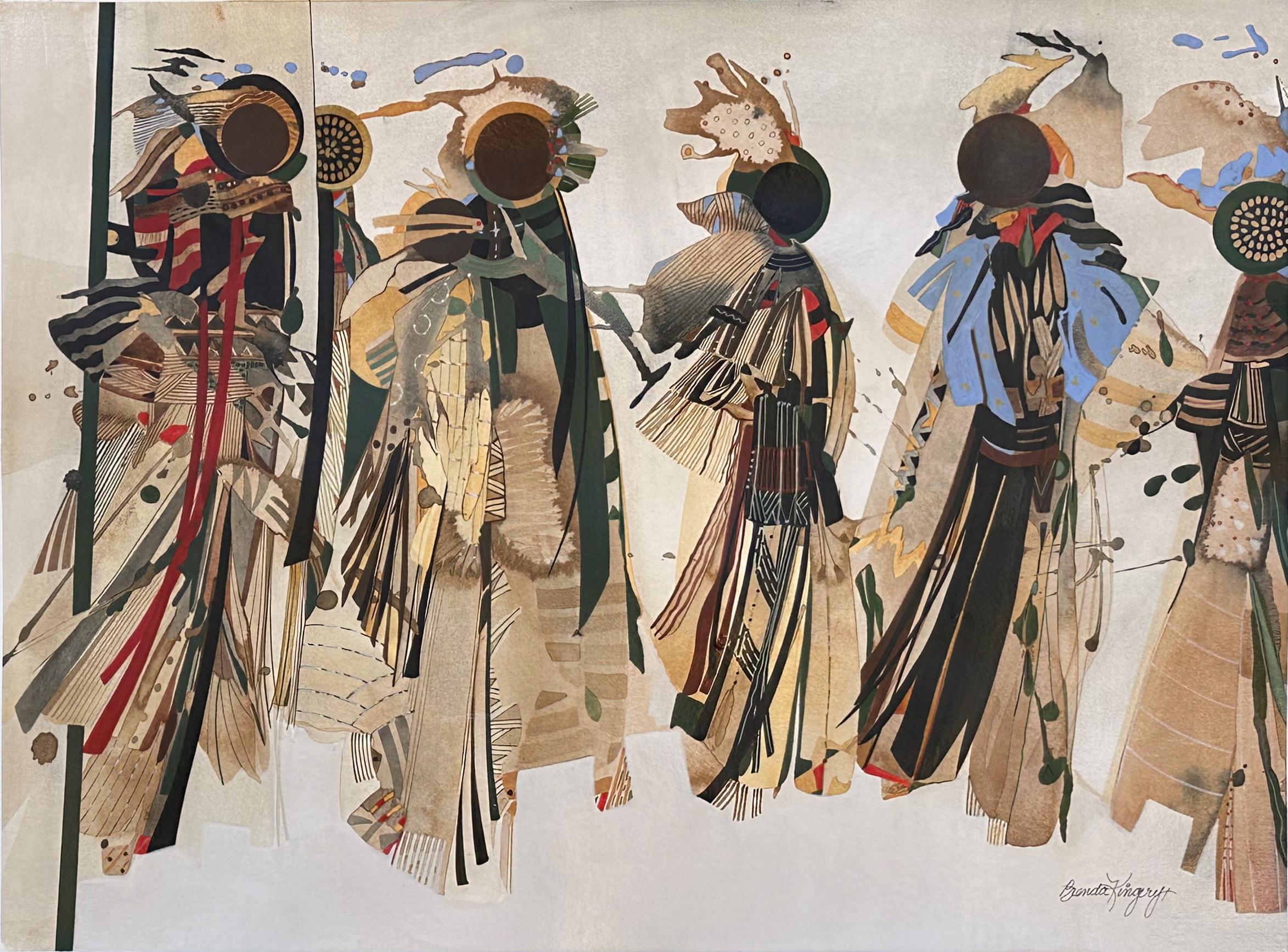 OKCHAMALI-VERDE, por Brenda Kingery, Chickasaw, pintura, mujeres, azul, moreno, rojo