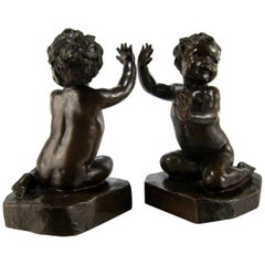 Brenda Putnam Bronze Bookends, circa 1913 Cute Baby Girls Antique Sculpture