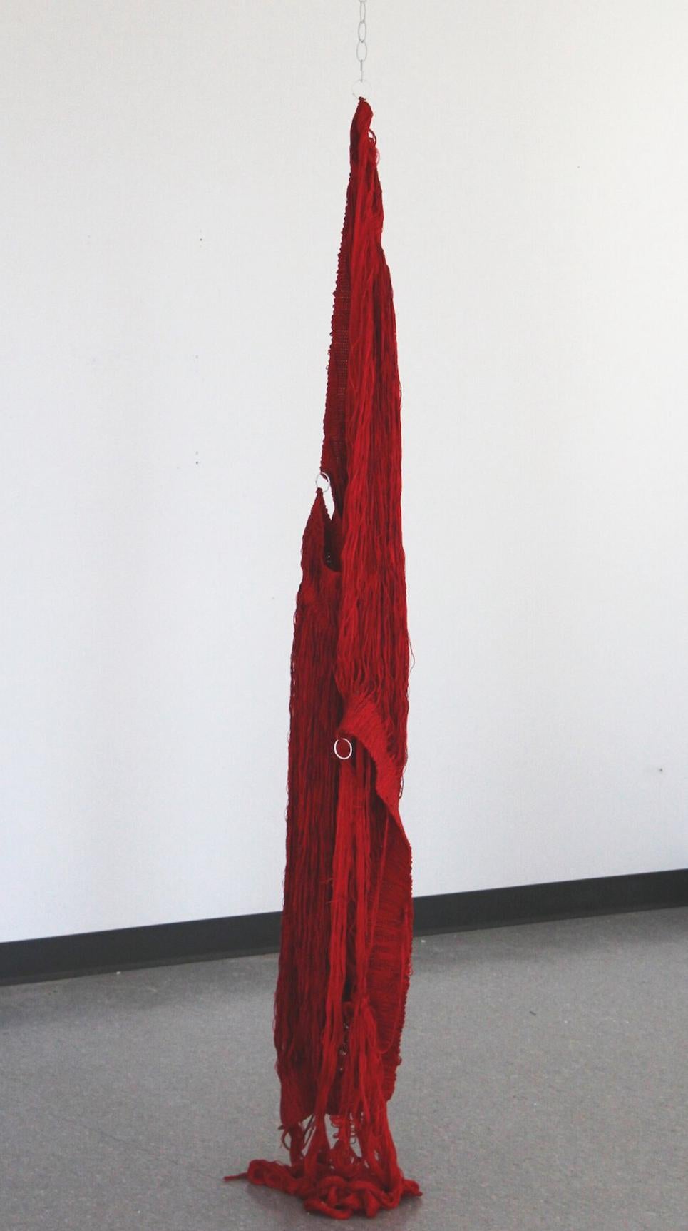 Brendan Kenny Abstract Sculpture - Spillage Pillar, red hanging fiber sculpture, textile art, abstract