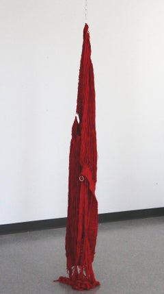 Spillage Pillar, red hanging fiber sculpture, textile art, abstract
