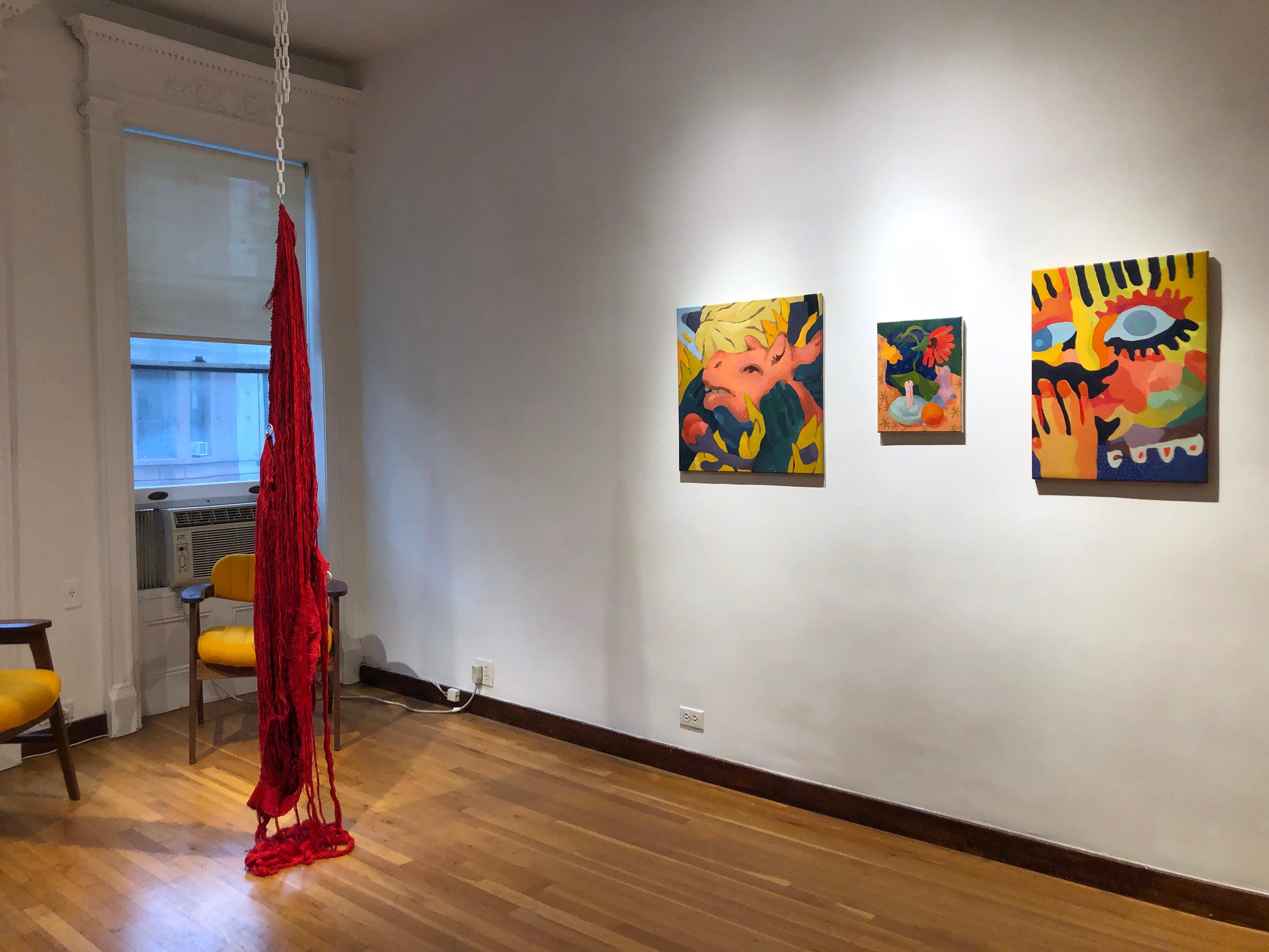 Spillage Pillar, red hanging fiber sculpture, textile art, abstract - Abstract Sculpture by Brendan Kenny