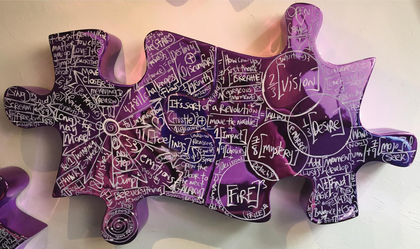 Life Is A Jigsaw I, II, III (purple) by Brendan Murphy
I:72 x 46 x 8 inches
II: 21 x 36 x 6.5 inches
III: 32.5 x 36 x 7.5 inches

Wall Sculpture with Silver Based Metallic Chrome Paint

Each of Brendan’s works maintain a consistent exploration of