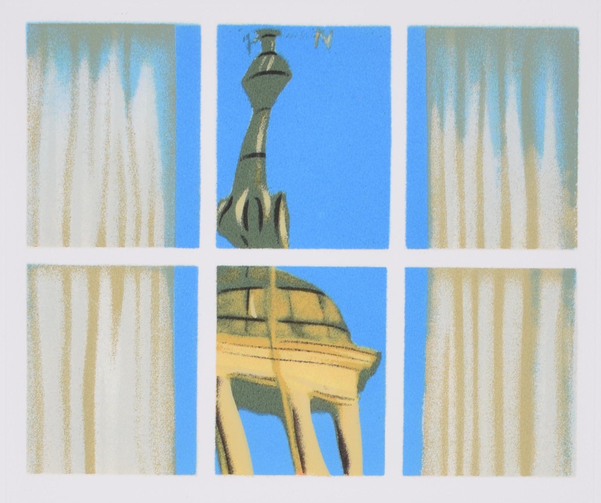 Brendan Neiland (b. 1941) R.A. (Expelled)
Lady Margaret Hall
Screenprint
46 x 27 cm

Signed, titled,  and numbered 42/175 in pencil.

A screenprint of the cupola atop Lady Margaret Hall's Talbot Building. Reflected architecture is one of Neiland’s