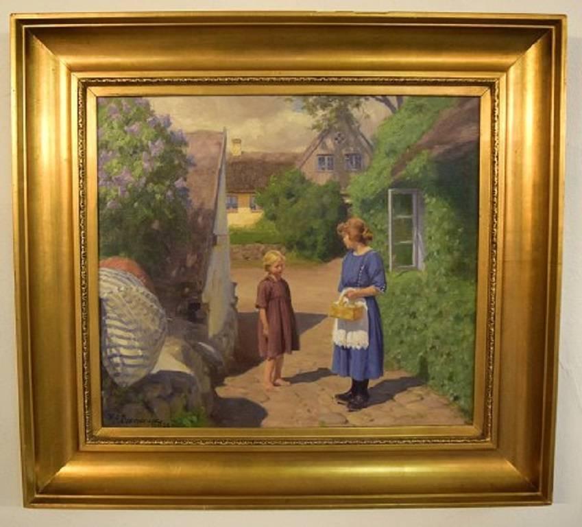 Brendekilde Hans Andersen, (1857-1942) important Danish artist.
Summer idyll in a village with a girl and woman with a basket on the road.
Oil on canvas.
Price example: A work by Brendekilde Hans Andersen was sold at 
Bruun Rasmussen,