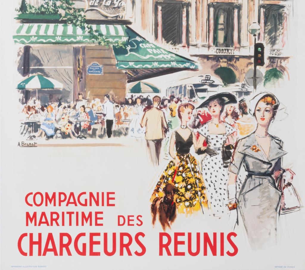 Mid-Century Modern Brenet, Original Boat Poster, Paris Cafe Opera, Cruise Line, Chargeur Reuni 1950 For Sale