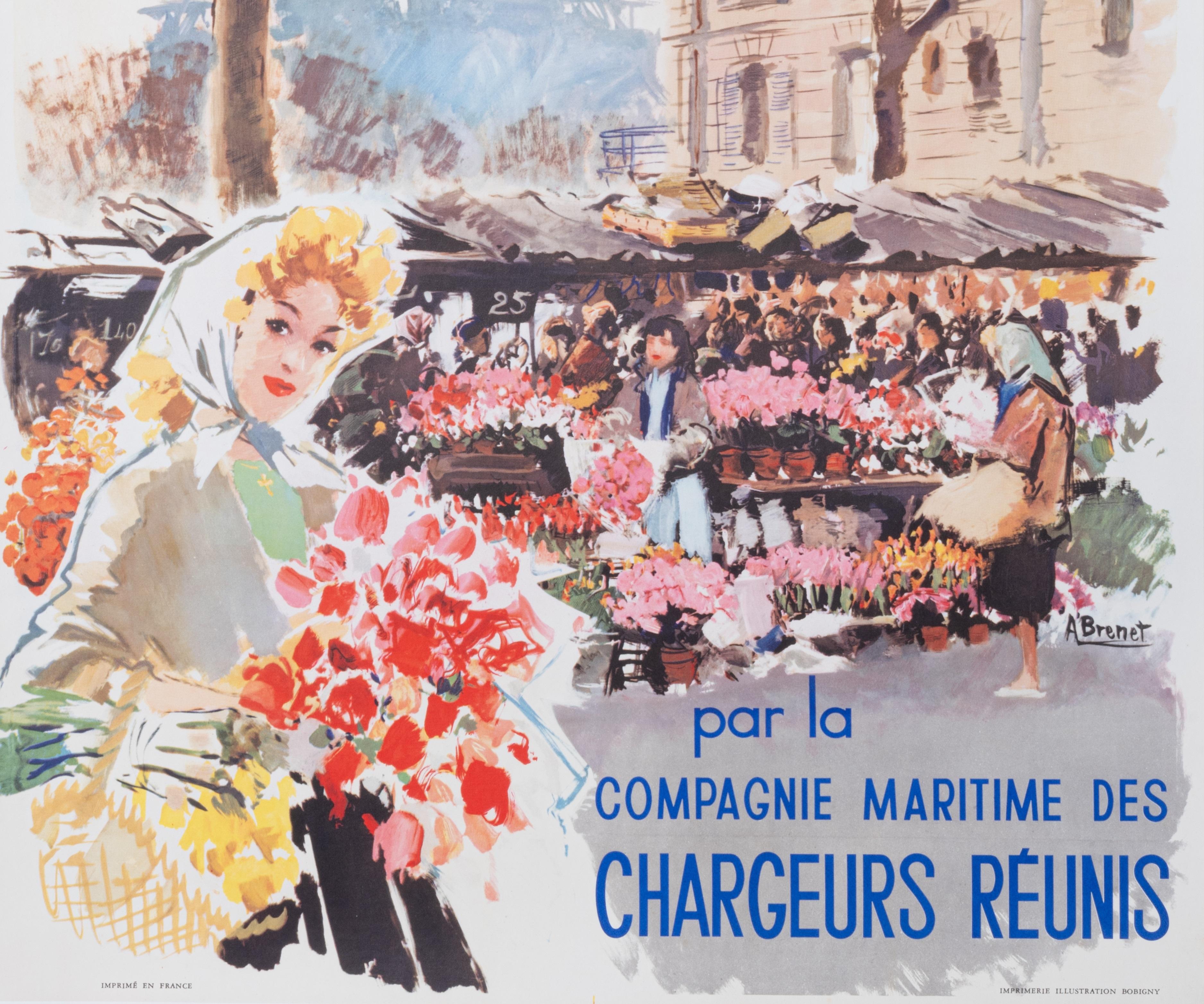 Mid-Century Modern Brenet, Original Travel Poster, France Paris Eiffel Tower Navigation, Boat, 1950 For Sale