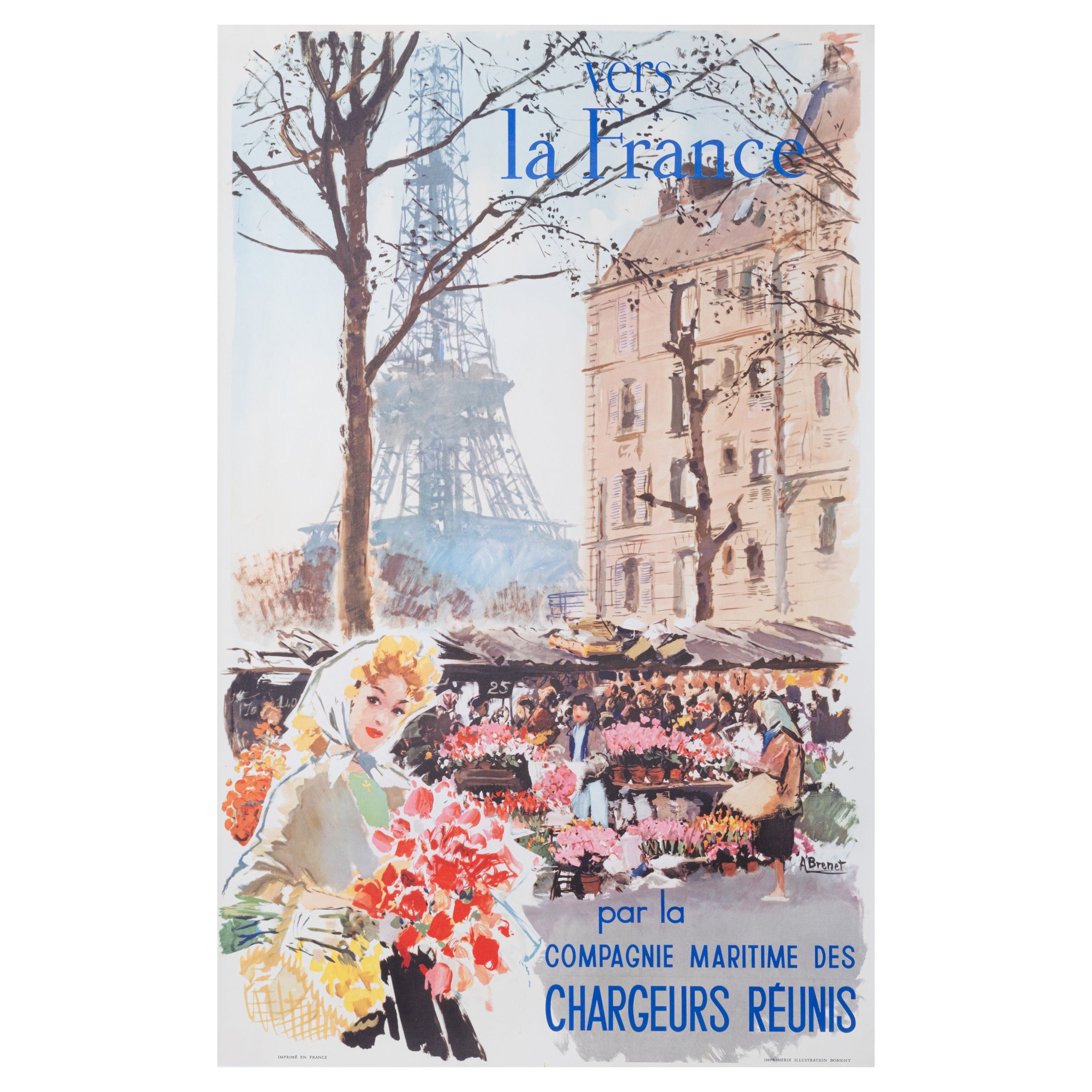Brenet, Original Travel Poster, France Paris Eiffel Tower Navigation, Boat, 1950