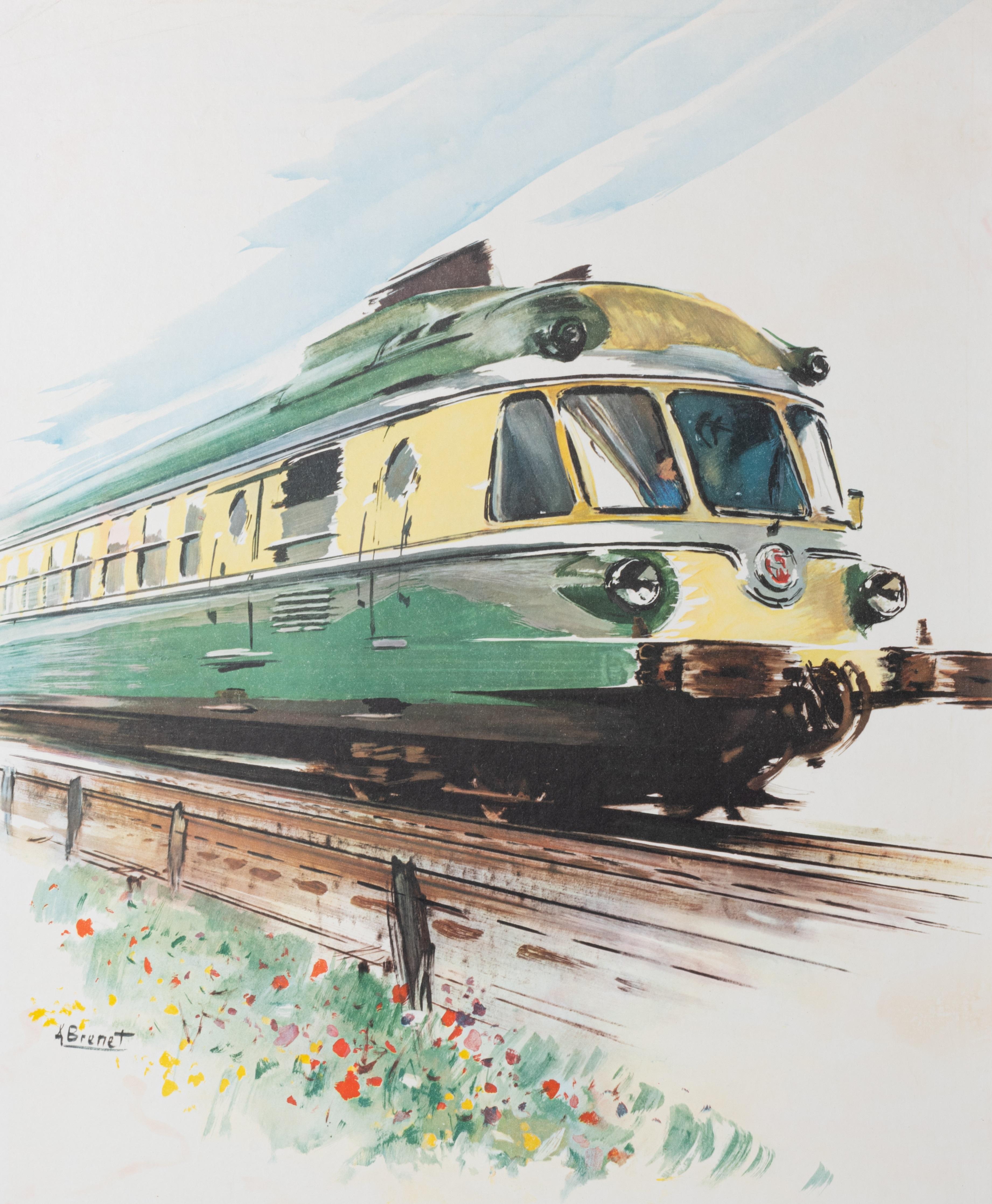 Cette affiche des Chemins de fer français a été réalisée en 1958 par Albert Brenet pour promouvoir le tourisme ferroviaire en France.

Artistics : Albert Brenet (1903 - 2005)
Titre : Société Nationale des Chemins de Fer Français - Vitesse -