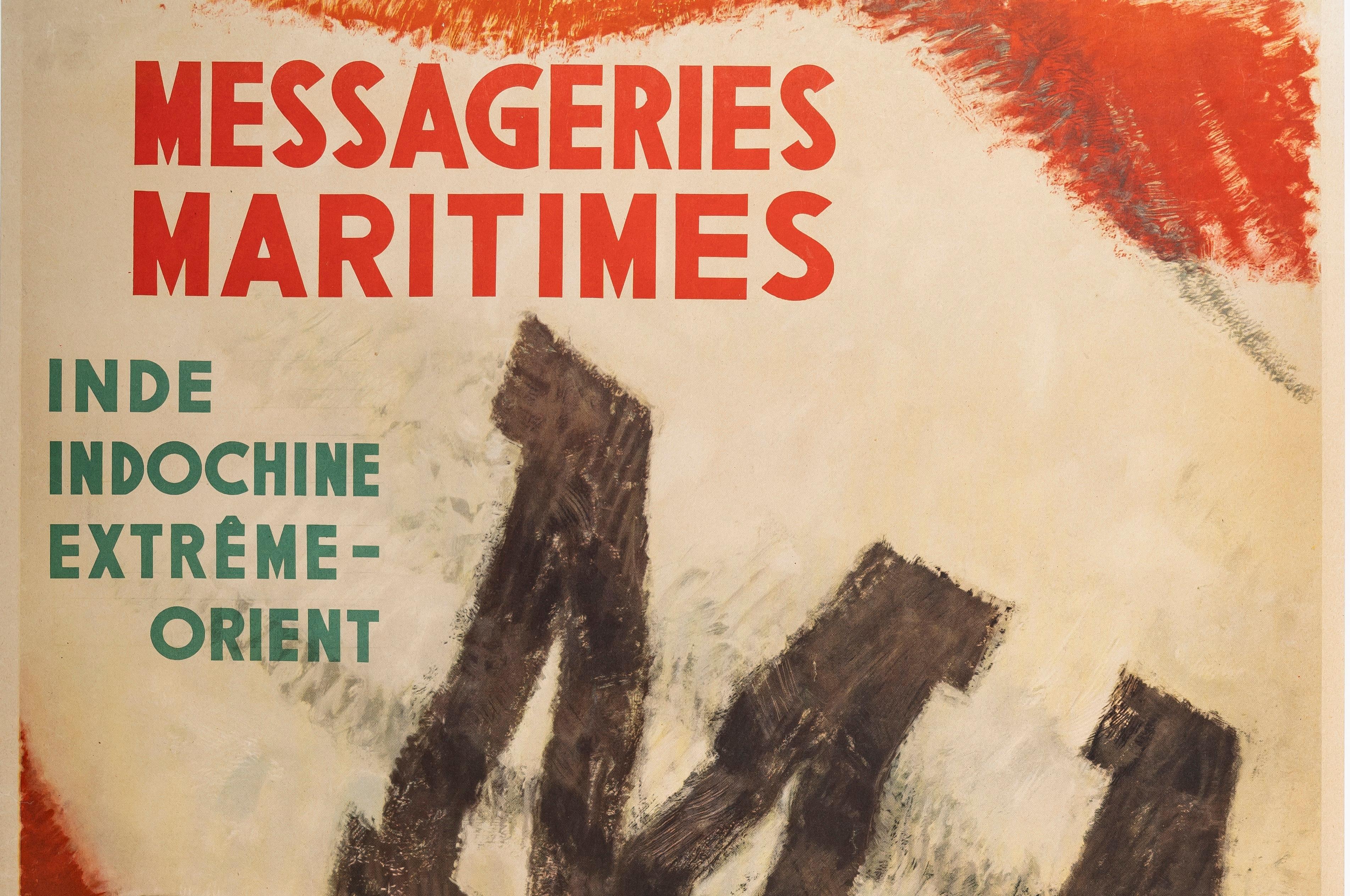 Este cartel de A. Brenet, creado hacia 1950, se produjo para promocionar el turismo en barco por todo el mundo a través de las Messageries Maritimes.

Artista : Albert Brenet (1903 - 2005)
Título : Messagerie Maritime - Inde - Indochine - Extême