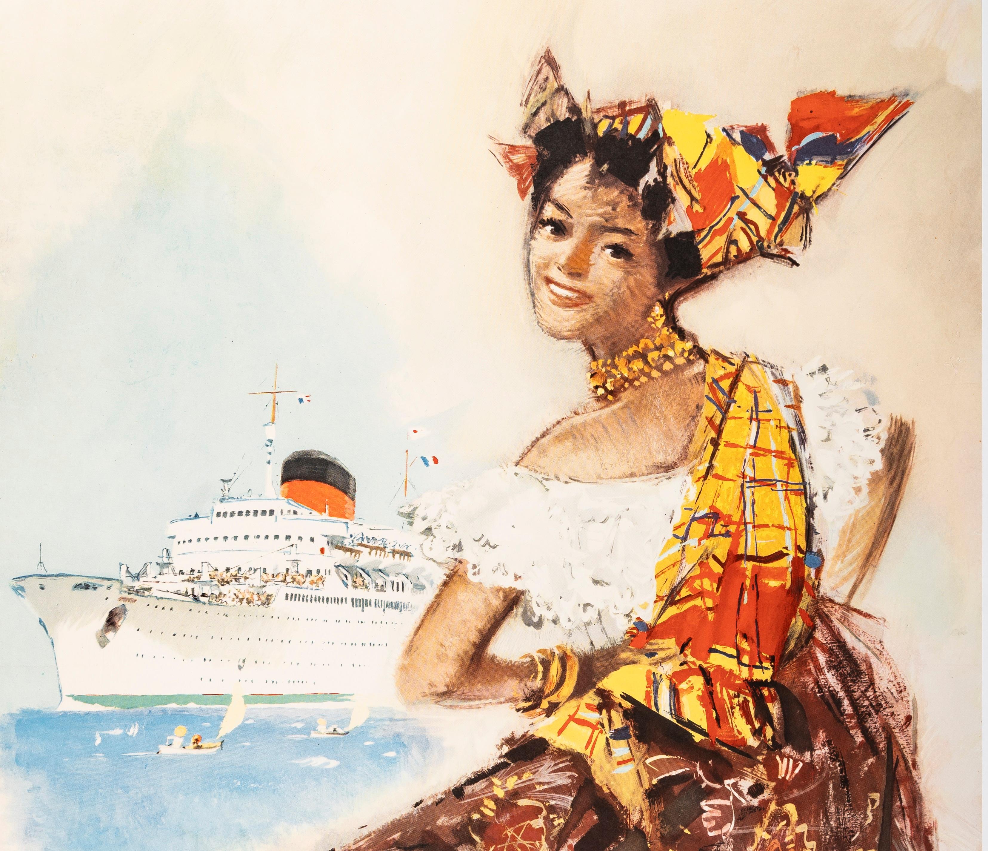 Mid-Century moderno A. Brenet, Poster di viaggio originale, Transatlantique, Antille, Venezuela, nave di linea 1950 in vendita