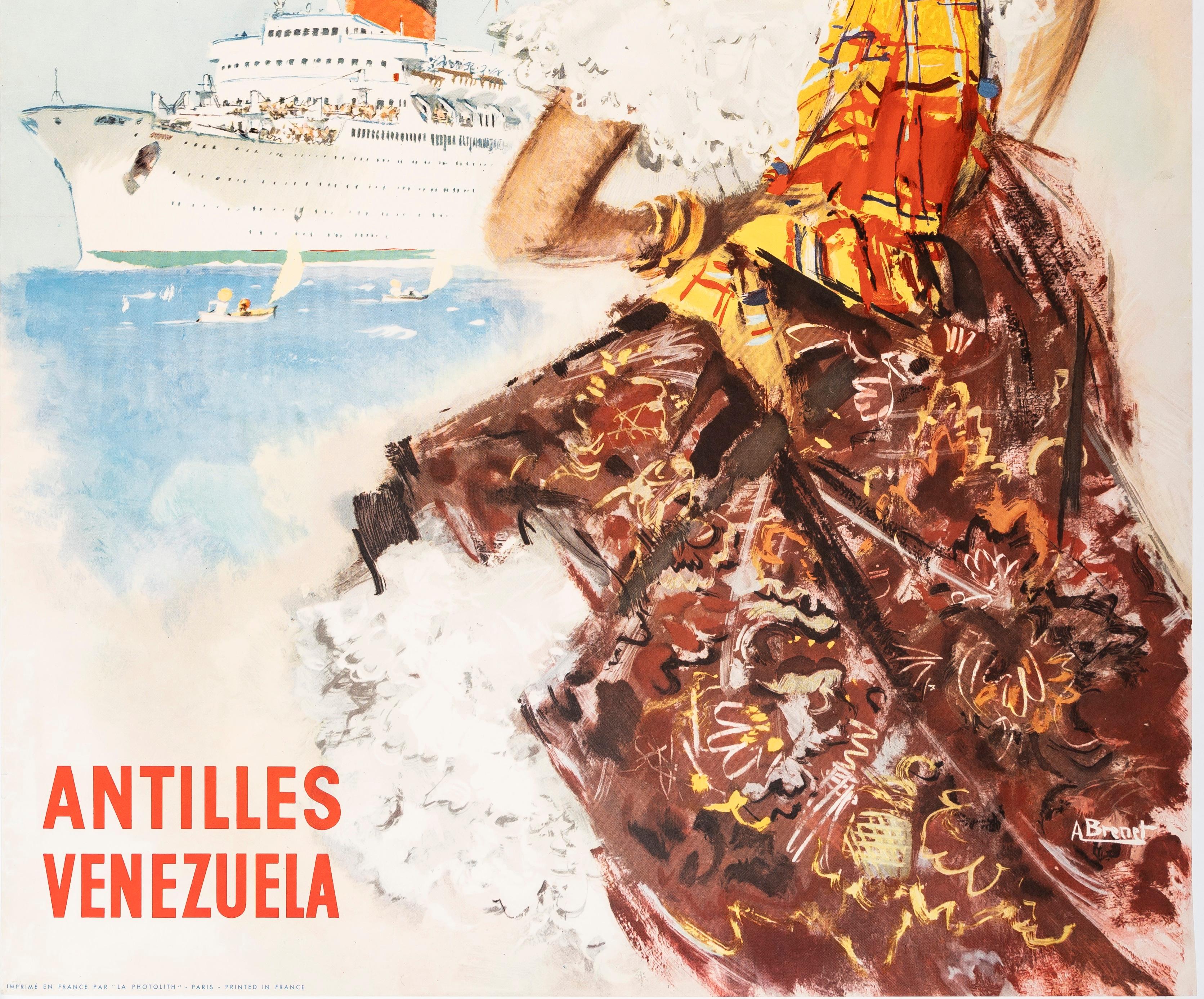Francese A. Brenet, Poster di viaggio originale, Transatlantique, Antille, Venezuela, nave di linea 1950 in vendita