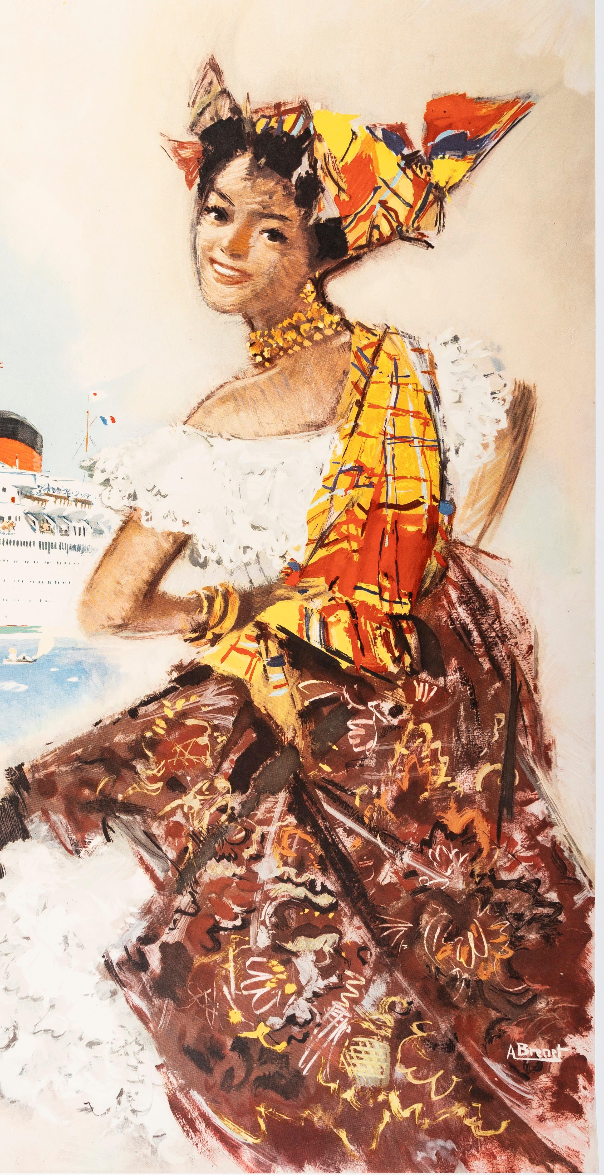 A. Brenet, Poster di viaggio originale, Transatlantique, Antille, Venezuela, nave di linea 1950 In condizioni buone in vendita a SAINT-OUEN-SUR-SEINE, FR