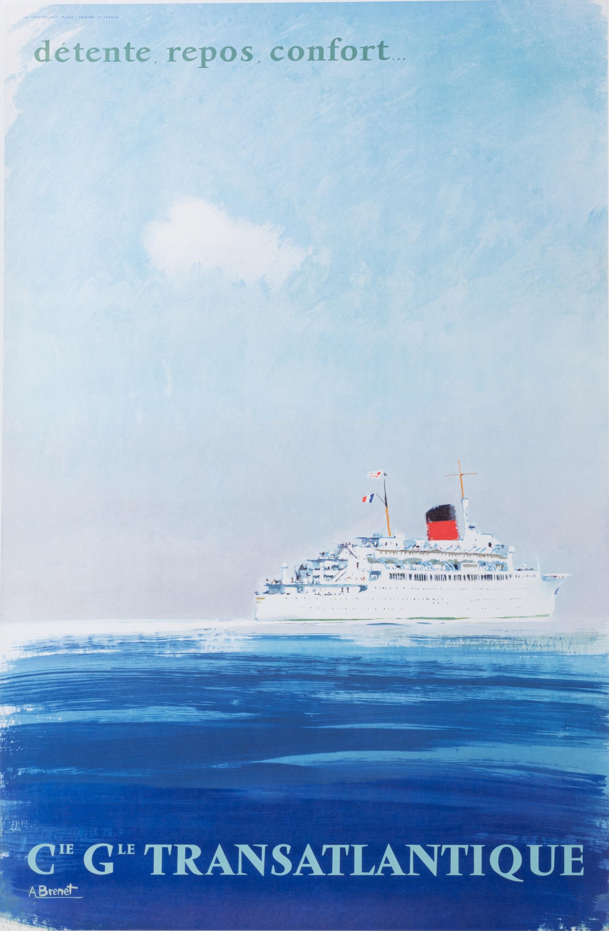This poster by Brenet created circa 1950 was produced to promote tourism by boat via the Compagnie Générale Transatlantique. 

Artist : Albert Brenet (1903 - 2005)
Title : Compagnie Générale Transatlantique - Repos - Détente - Confort
Date : circa