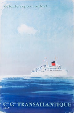 Affiche de voyage originale Brenet, Transatlantique, Bateaux de bateaux, Navigation, 1950